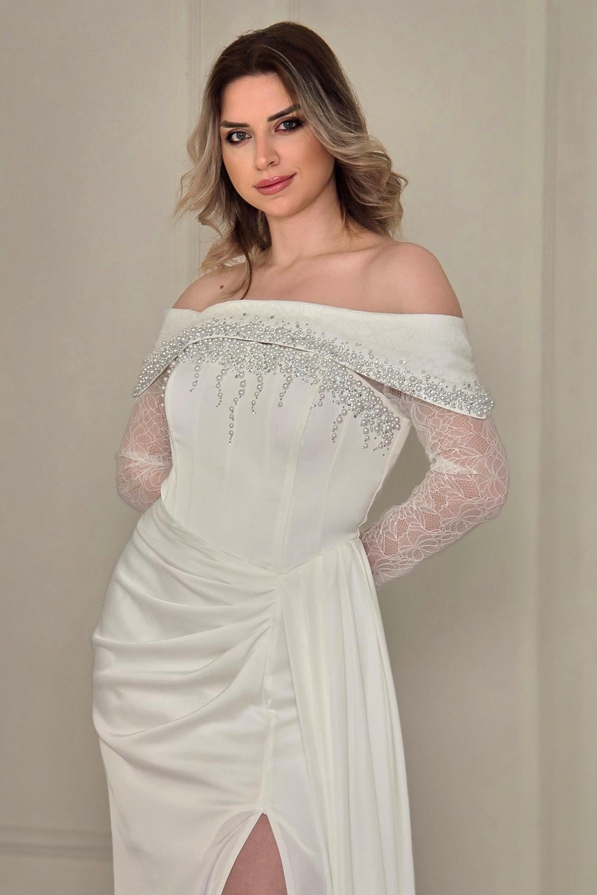 Beyaz İncili Korseli Abiye 6410