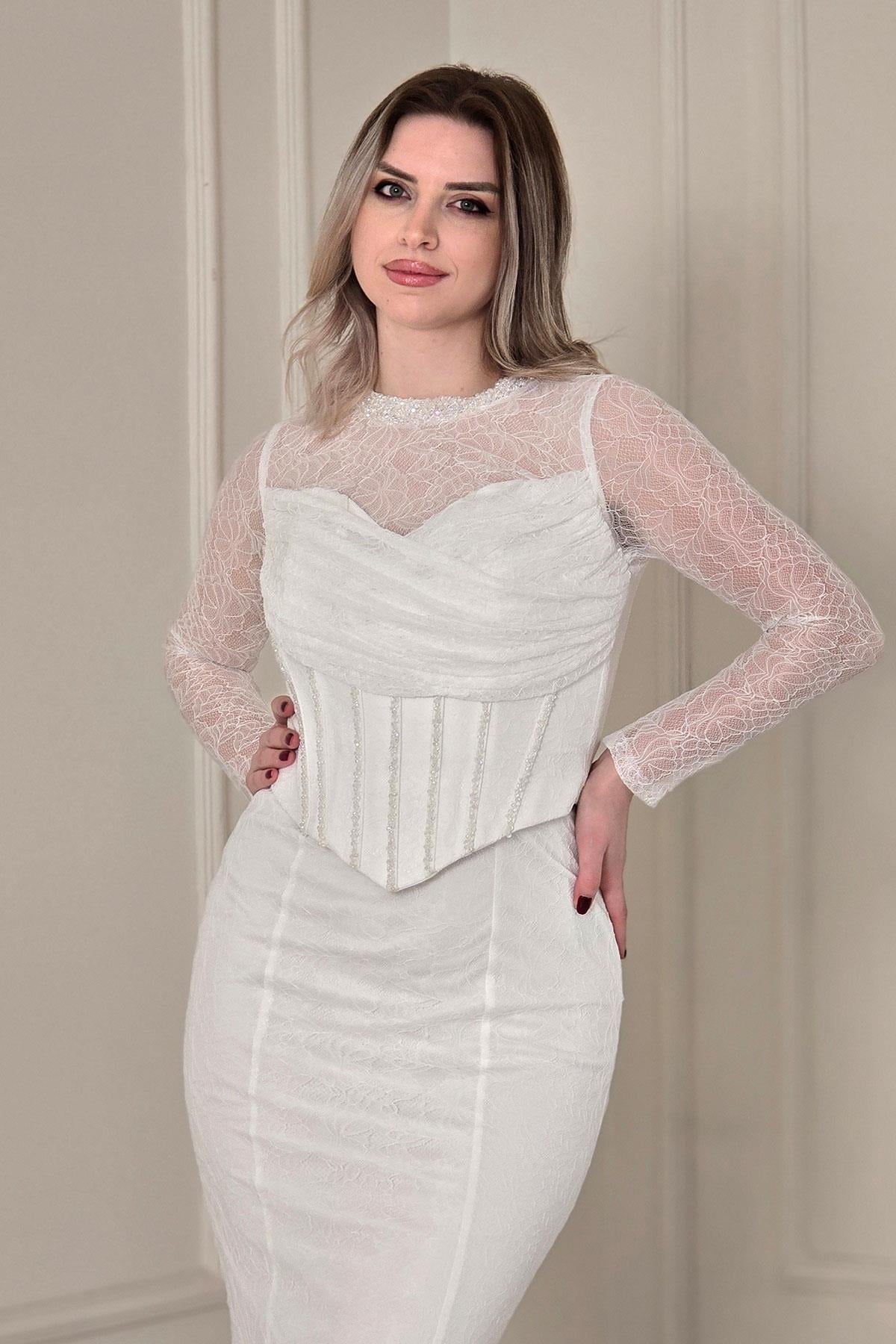 Beyaz Yakası Taşlı Abiye 6350