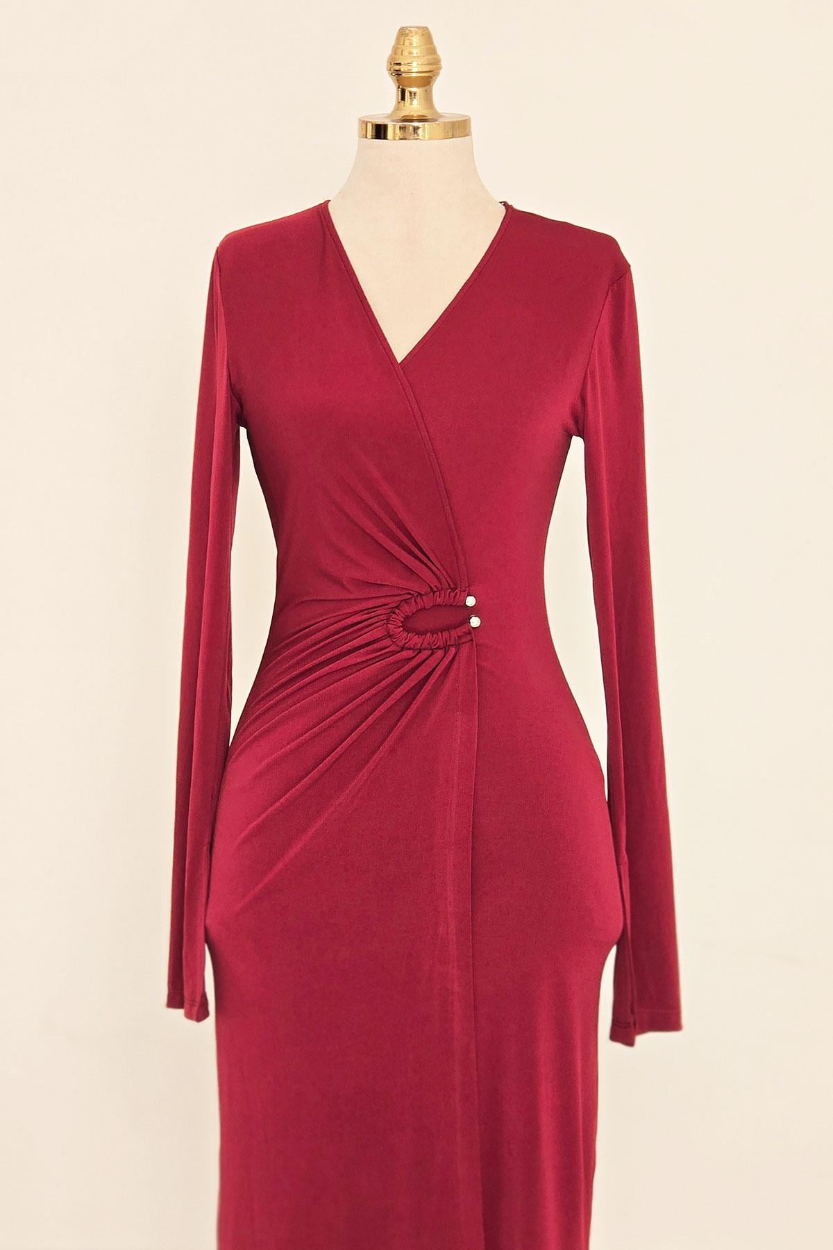Bordo Bel Tokalı Kruvaze Elbise 252653