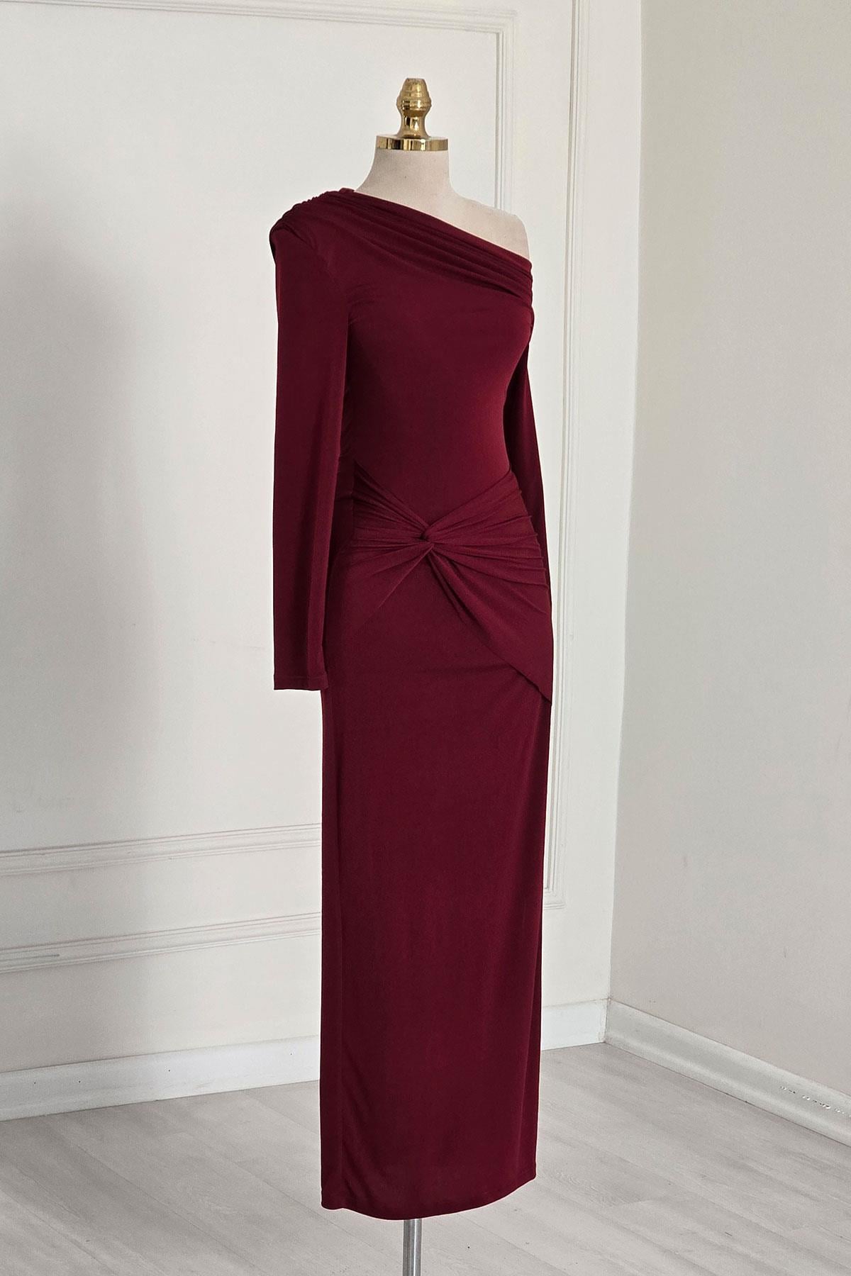Bordo Düşük Omuz Elbise 252659