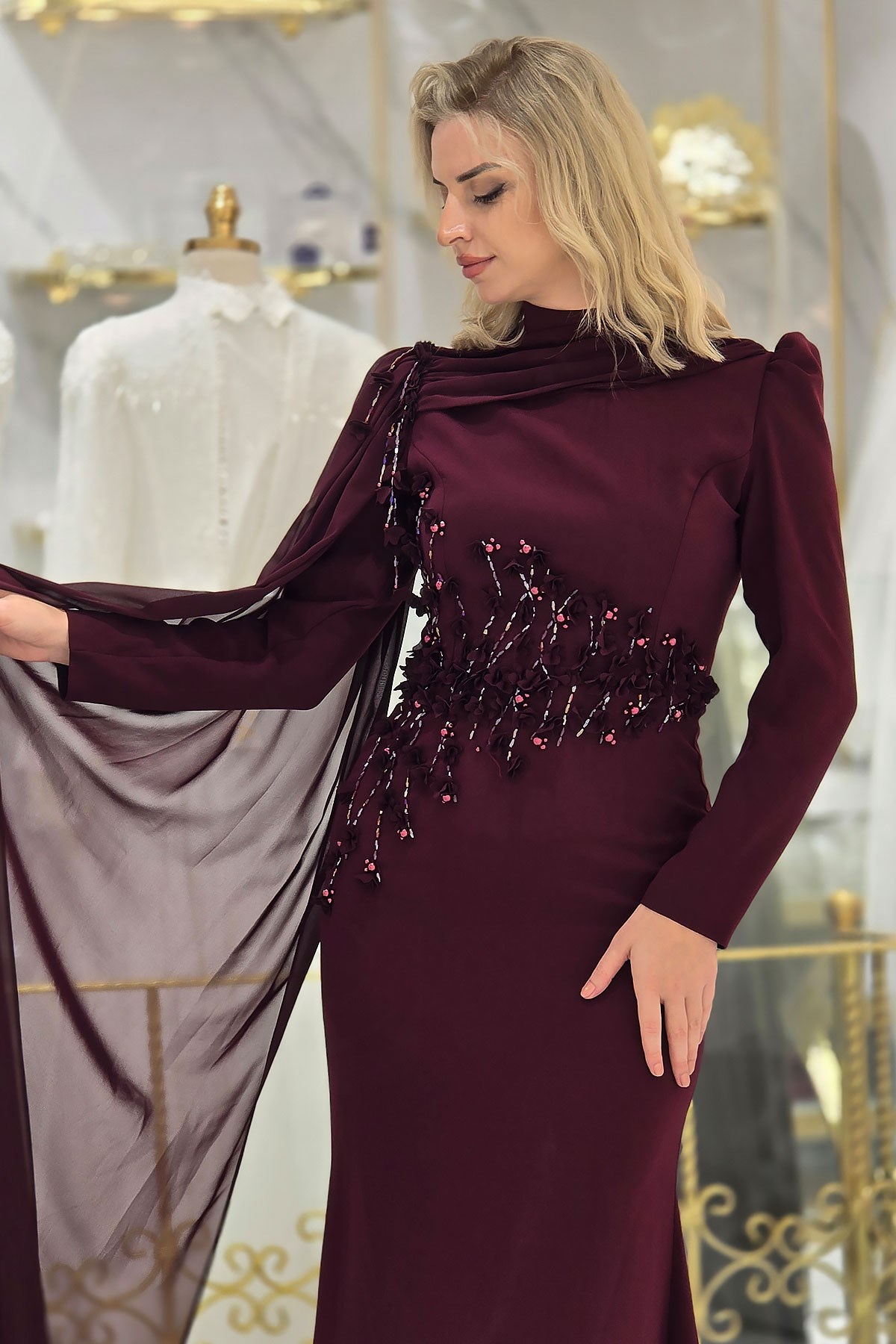 Bordo İnci Detaylı Tesettür Abiye 4614