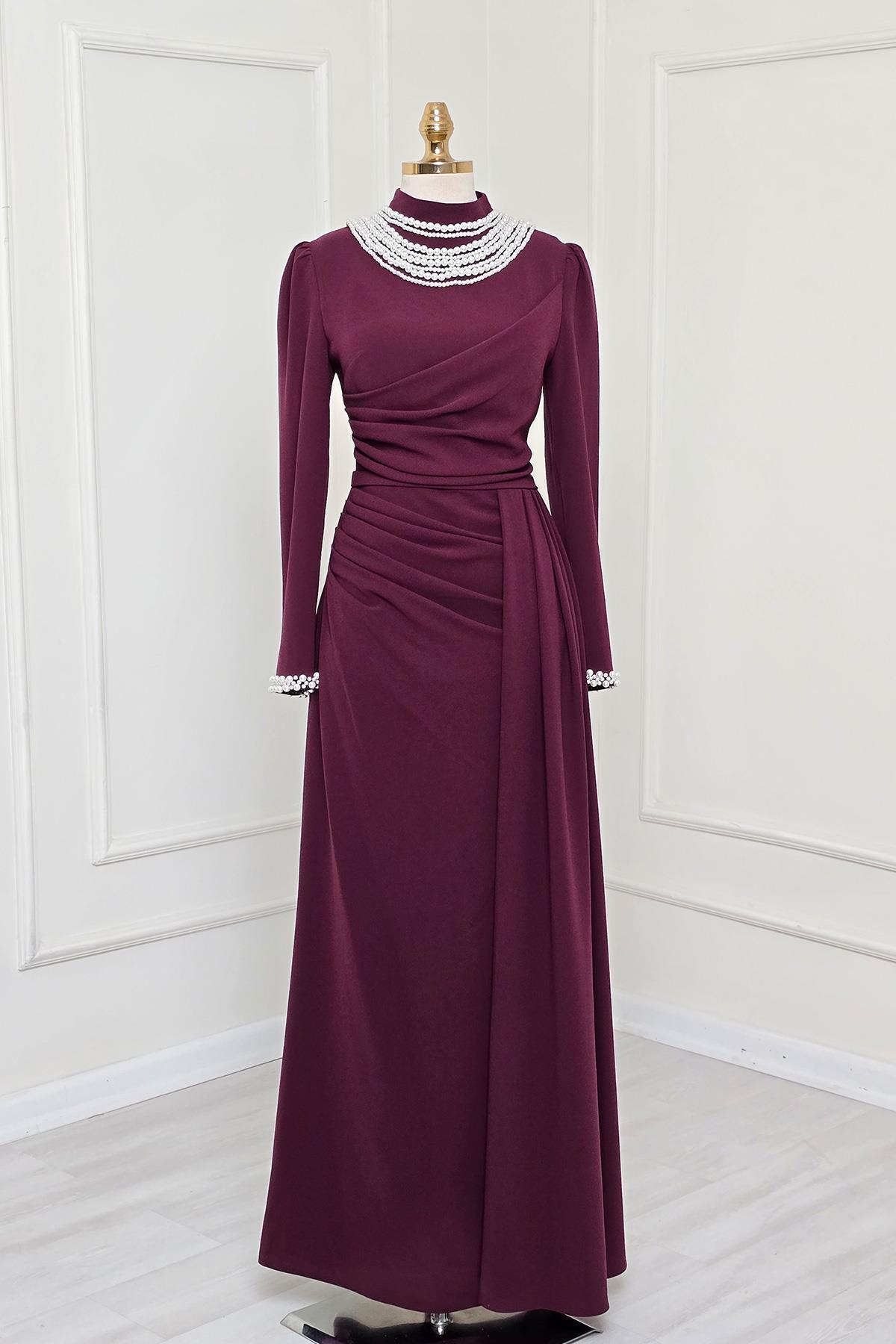 Bordo İncili Krep Elbise 3973