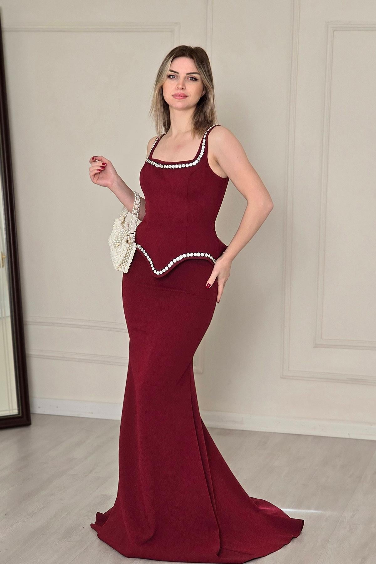 Bordo Kalın Askı Taş Detaylı Abiye 2745