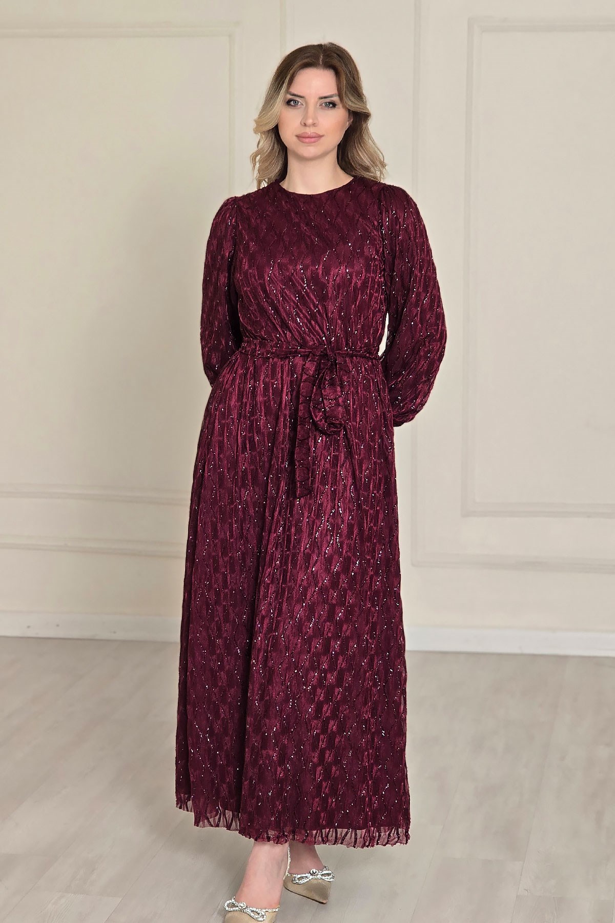 Bordo Kemerli Balon Kol Elbise 4733