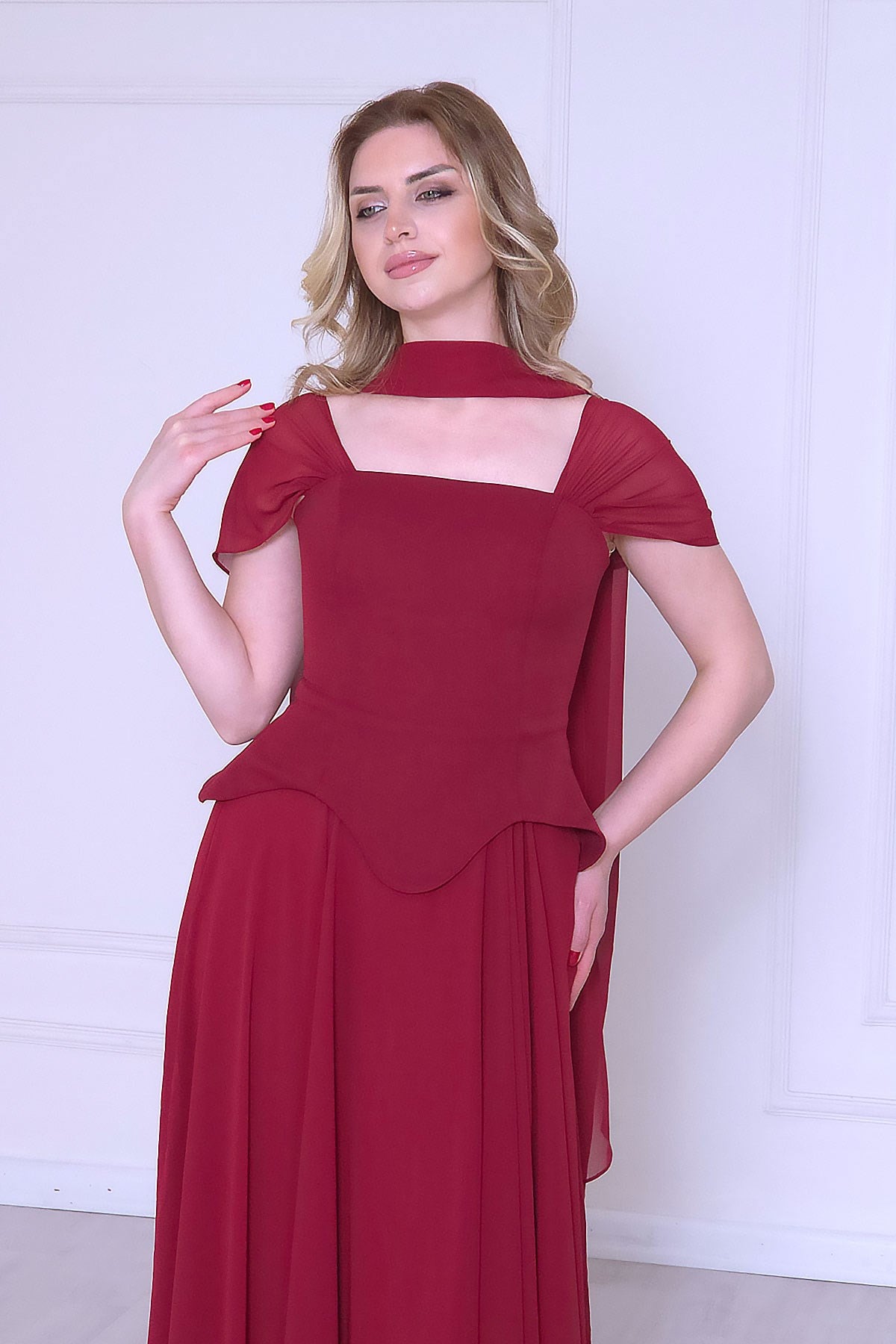 Bordo Korseli Şifon Etekli Abiye 9819