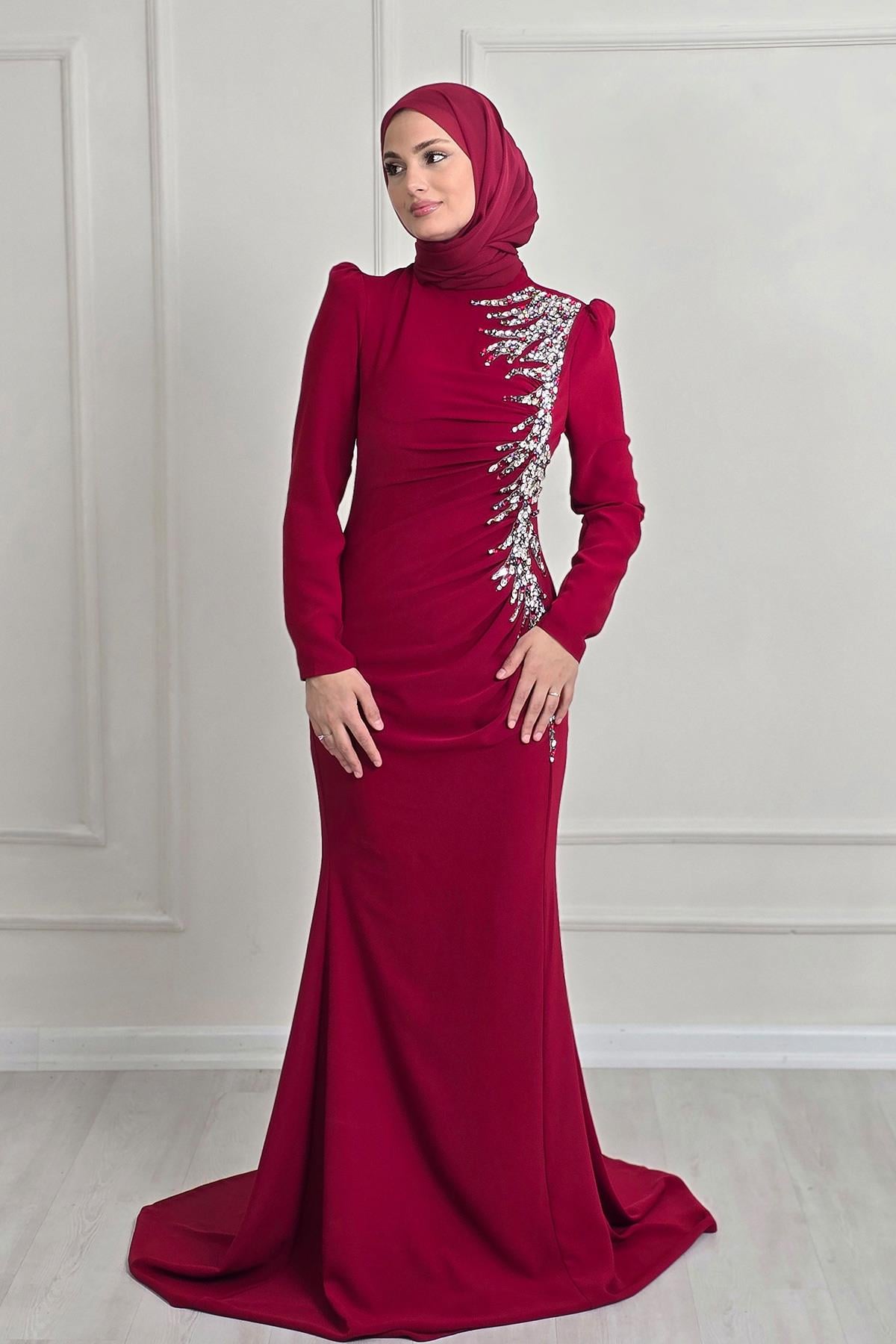 Bordo Krep Taşlı Abiye 4964