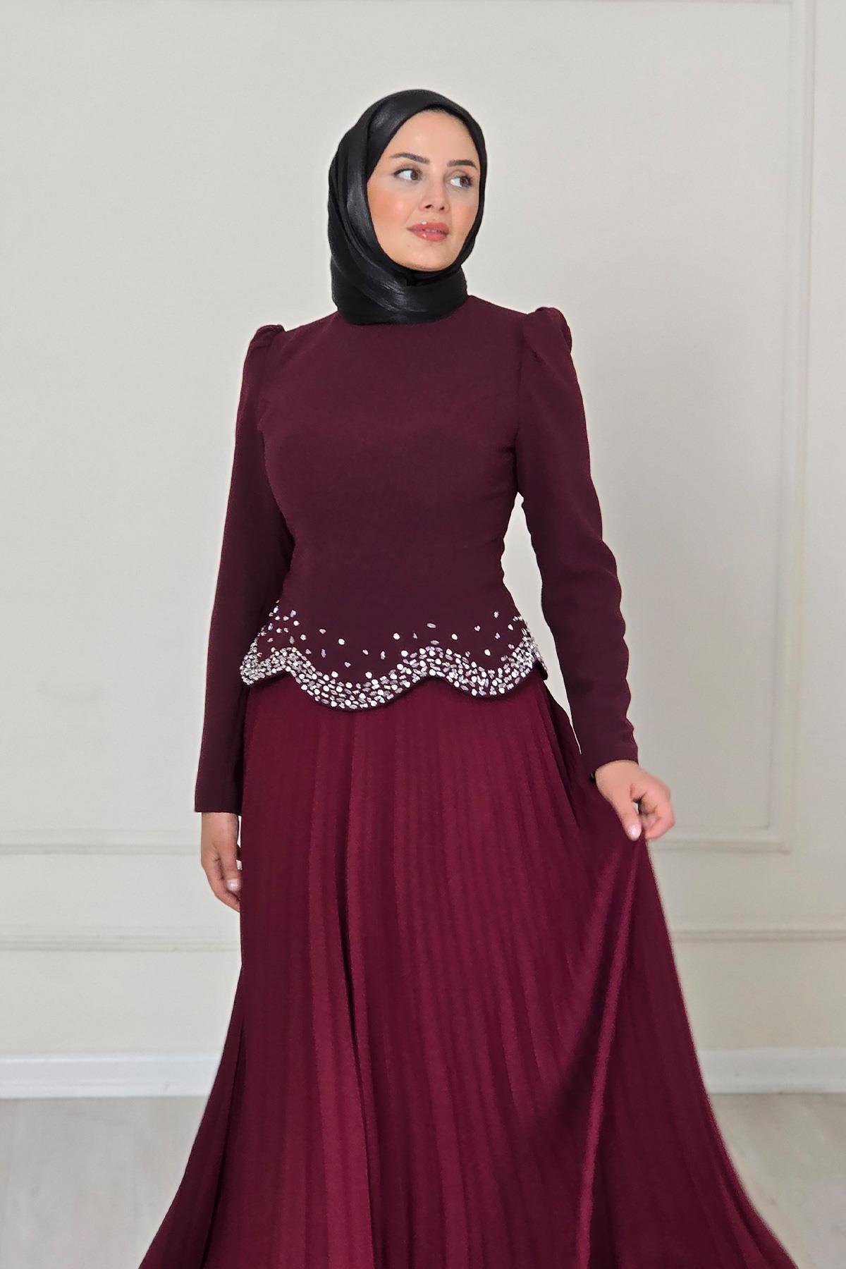 Bordo Plise Etek Detaylı Elbise 4470