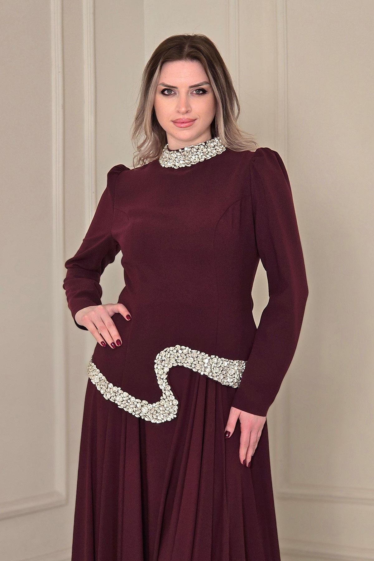 Bordo Şifon Etekli Abiye Elbise 4437