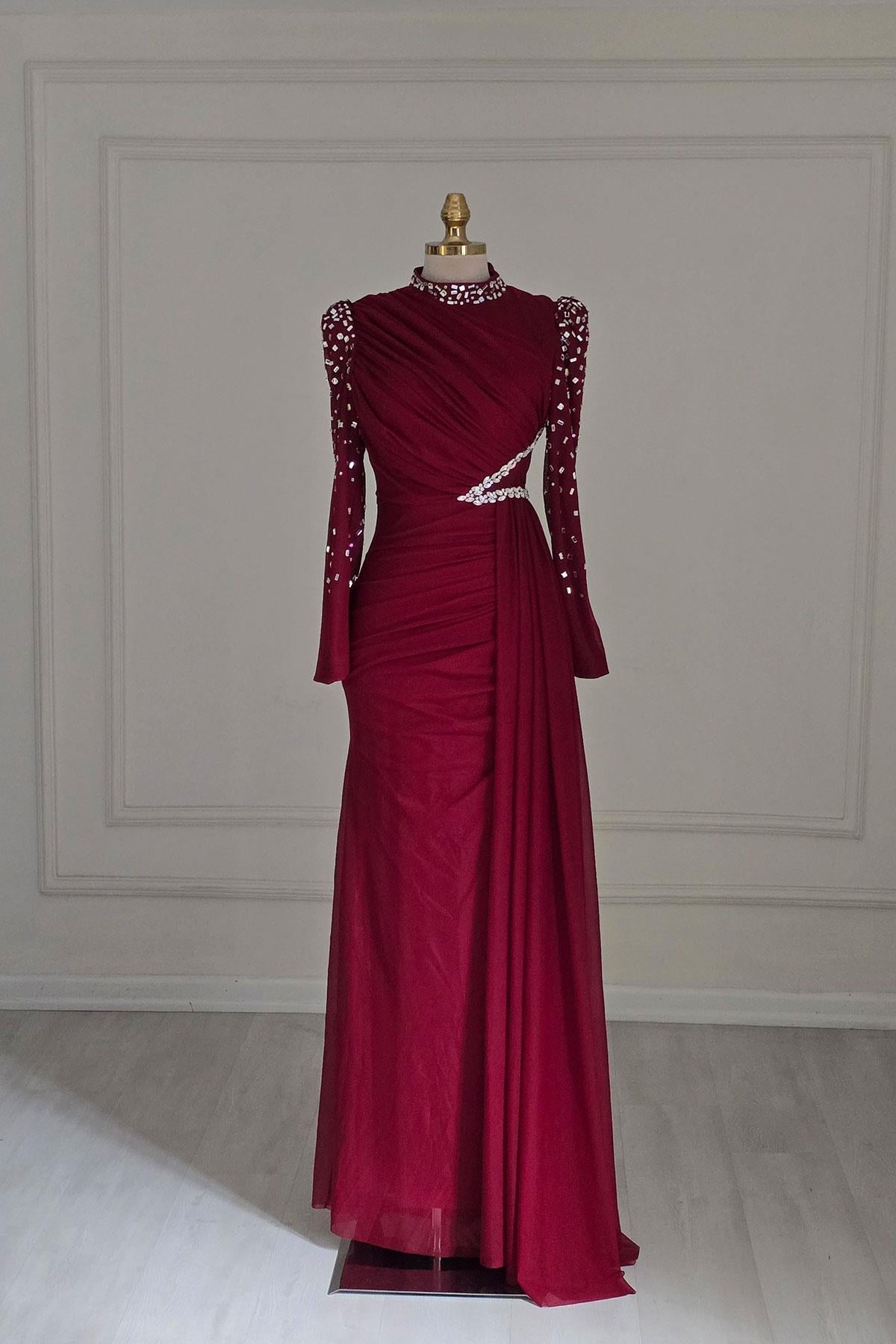 Bordo Taşlı Balık Abiye 5295