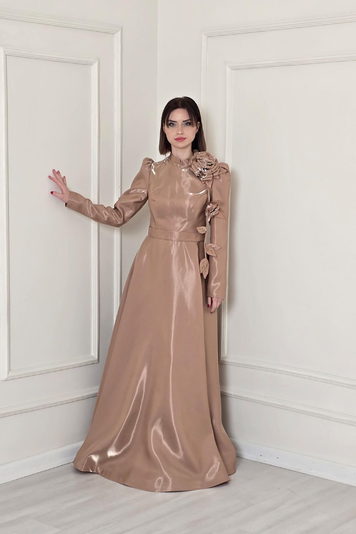 CAMEL Yaka Çiçekli Abiye Elbise 5150