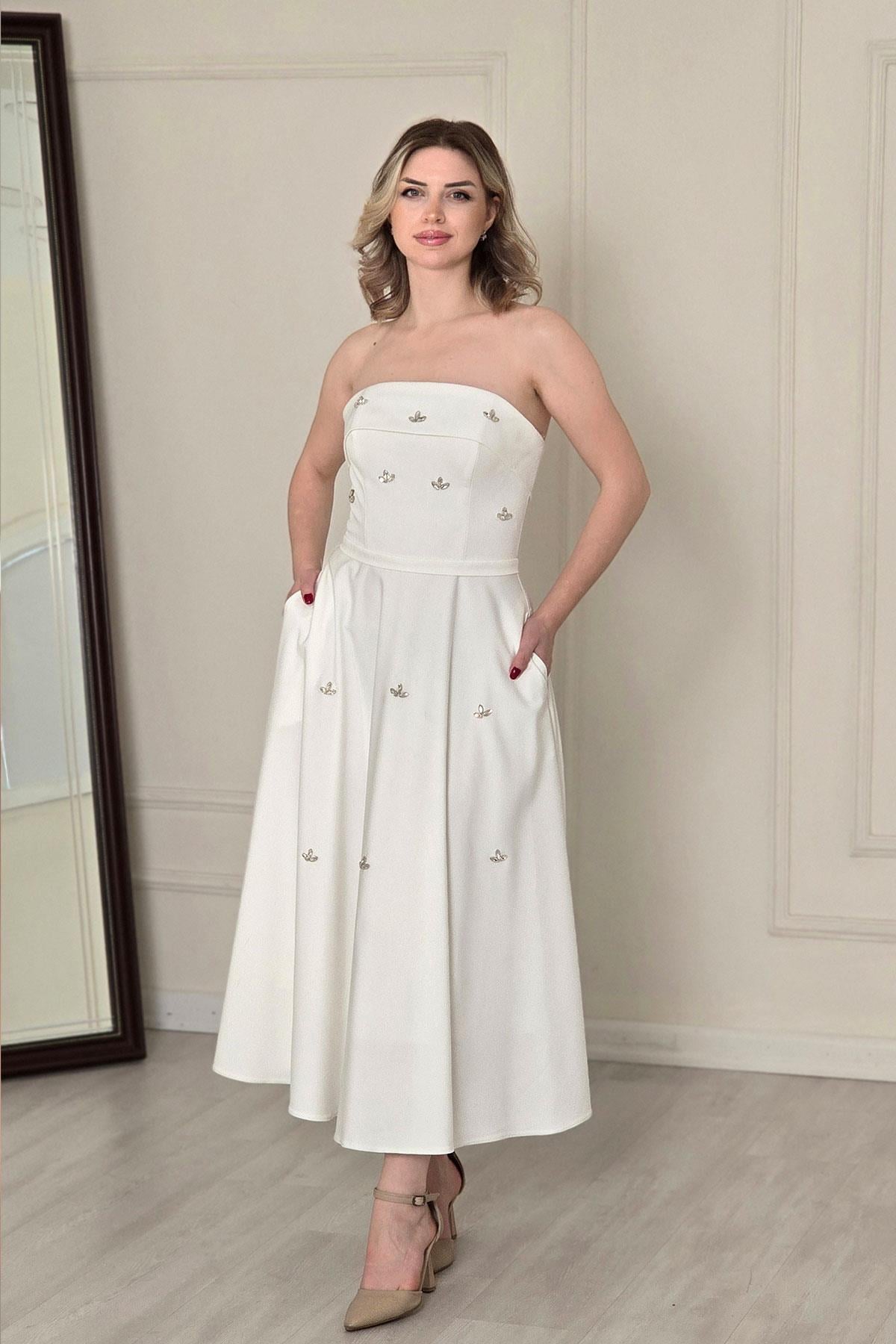 Ekru Straplez Taşlı Elbise 4475