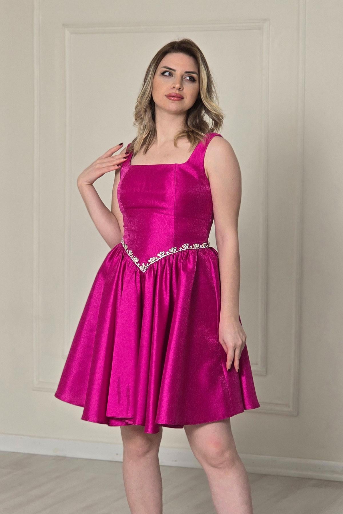 Fuşya Beli Taşlı Kısa Elbise 4982
