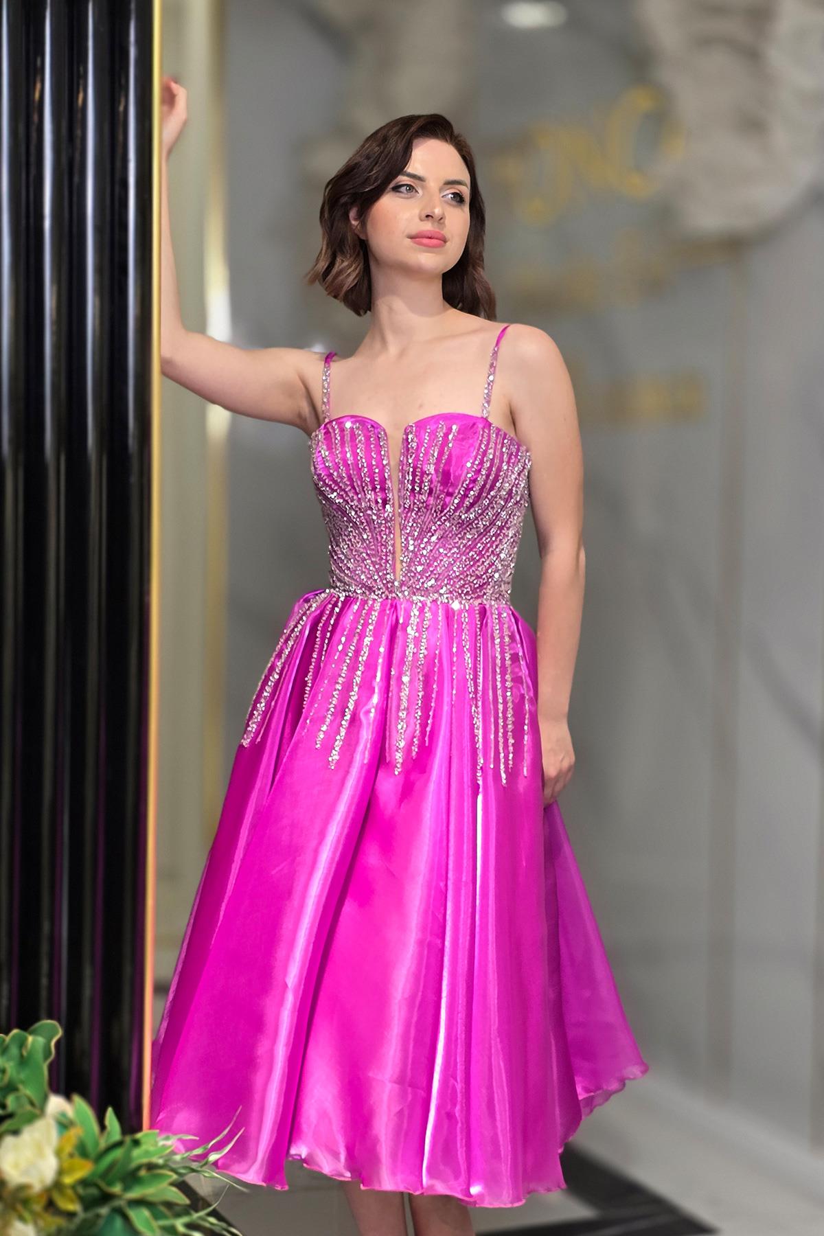 Fuşya Taşlı Kısa Organze 7955