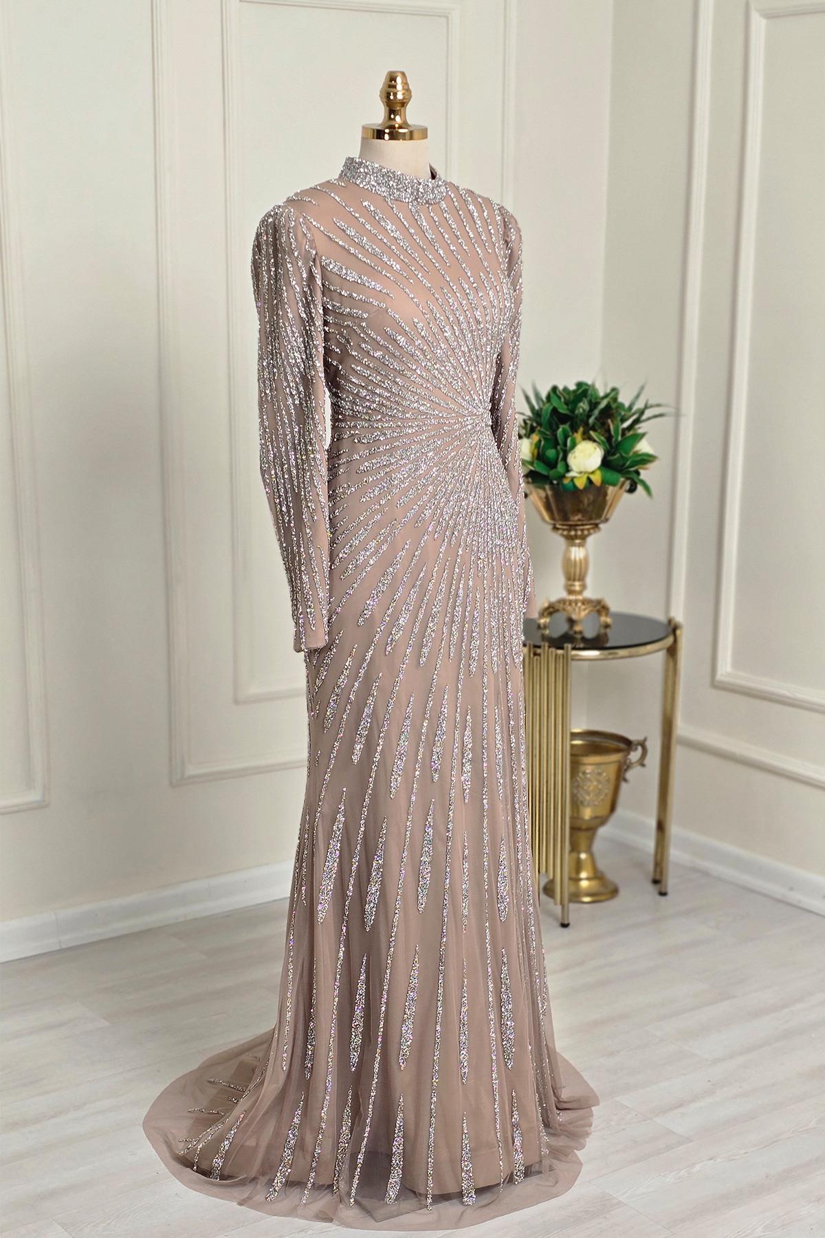 Gold Full İşlemeli B.Beden Abiye 7090-1