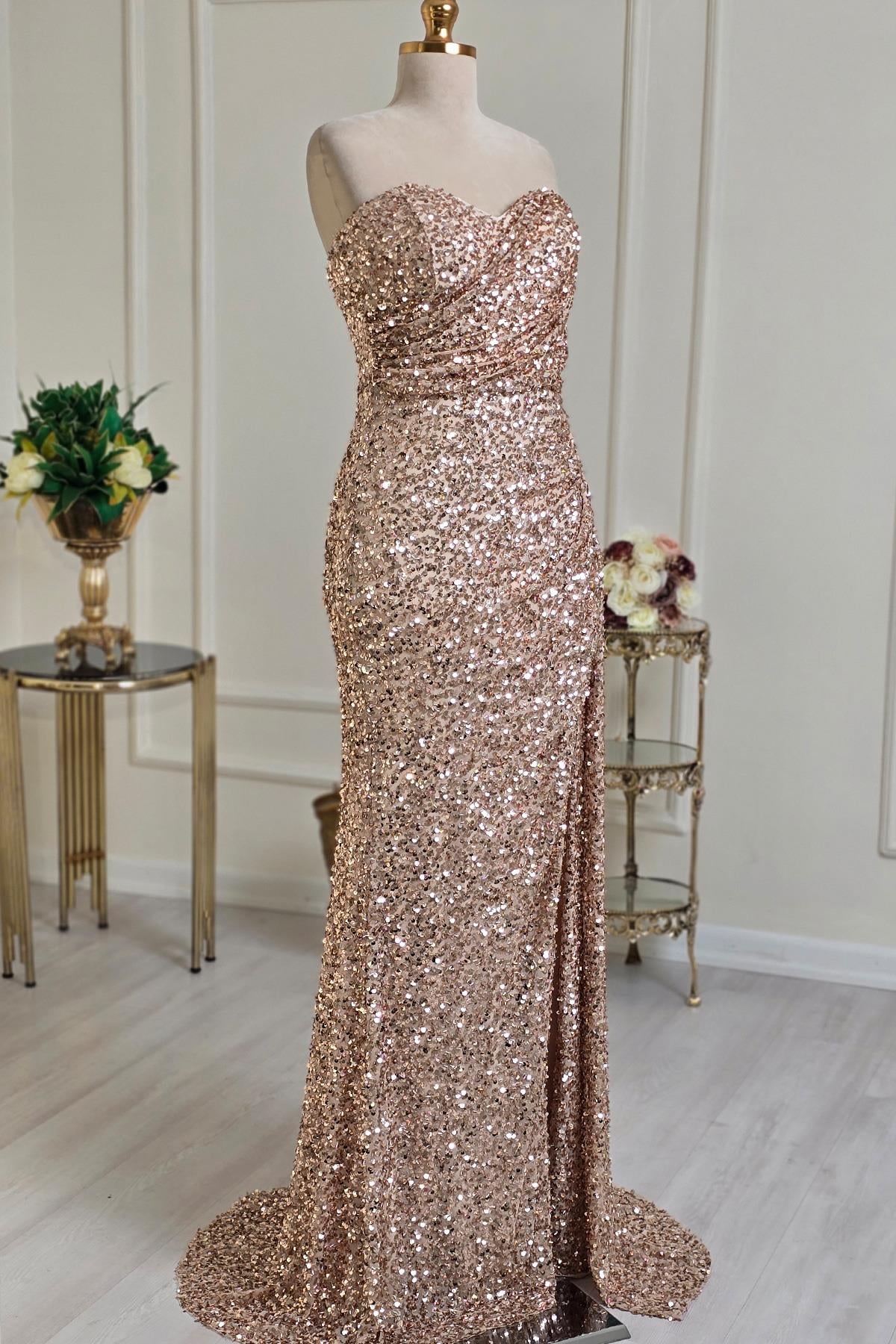 Gold Pullu Straplez Abiye 5266