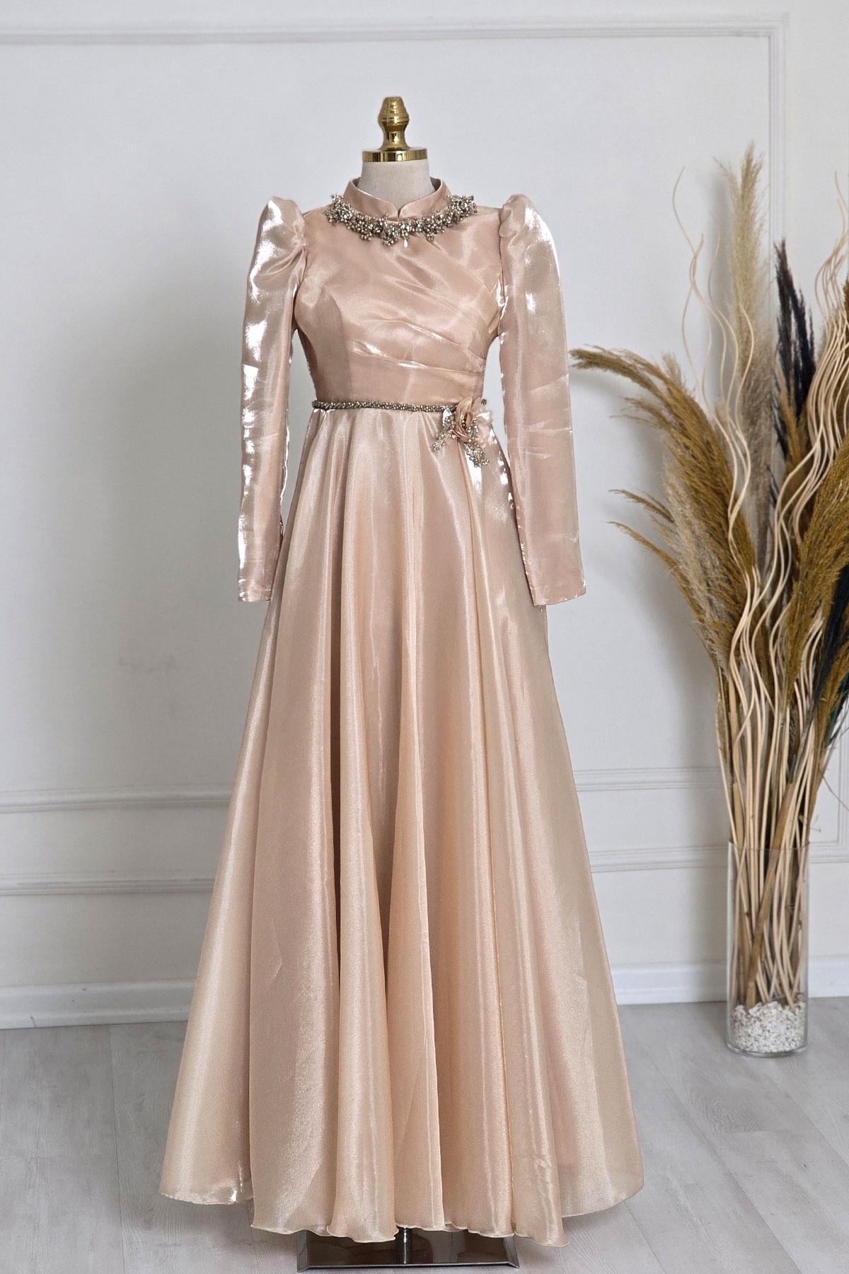 Gold Taşlı Organze Abiye 6485