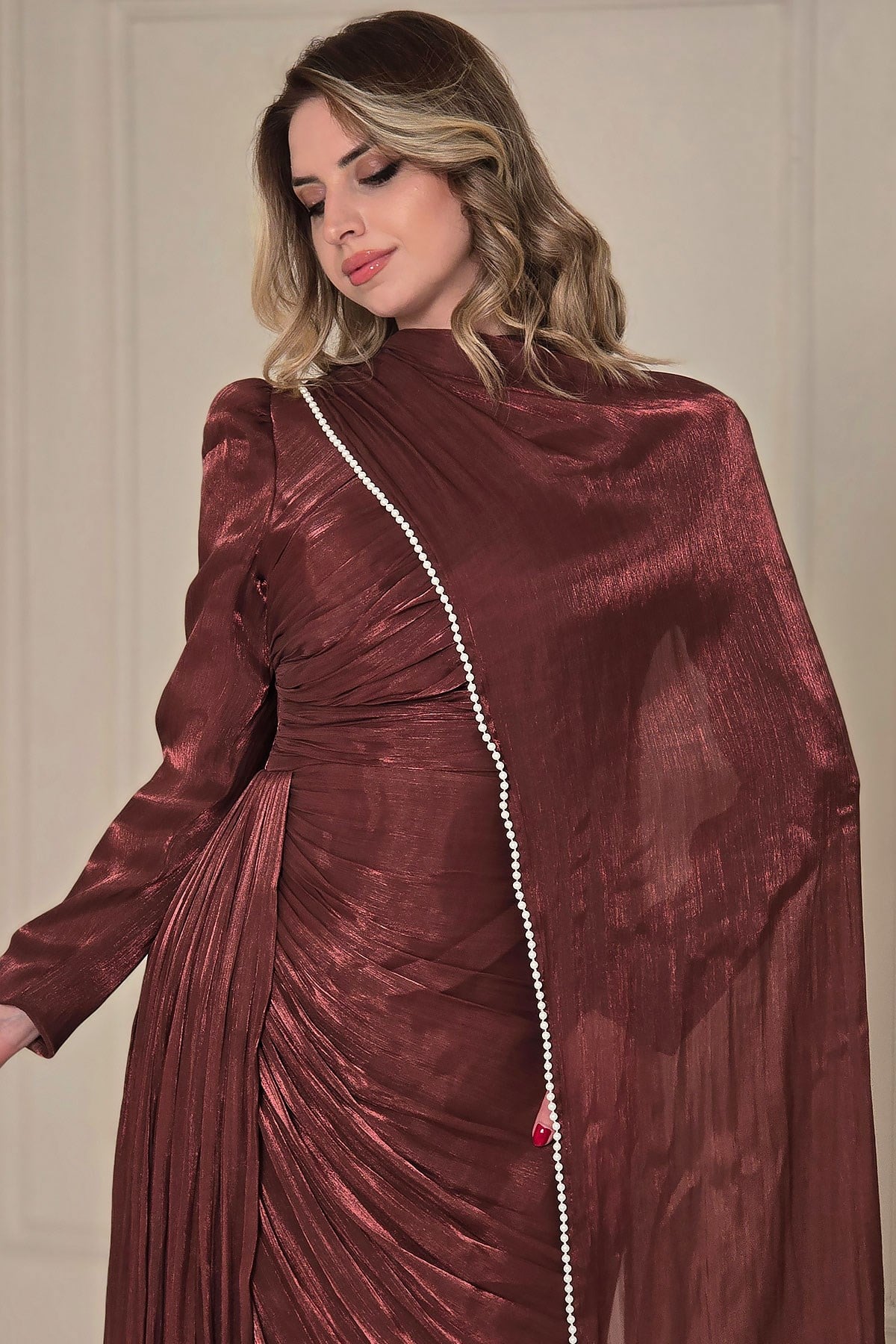 Kahverengi Organze Büzülü Abiye 5591