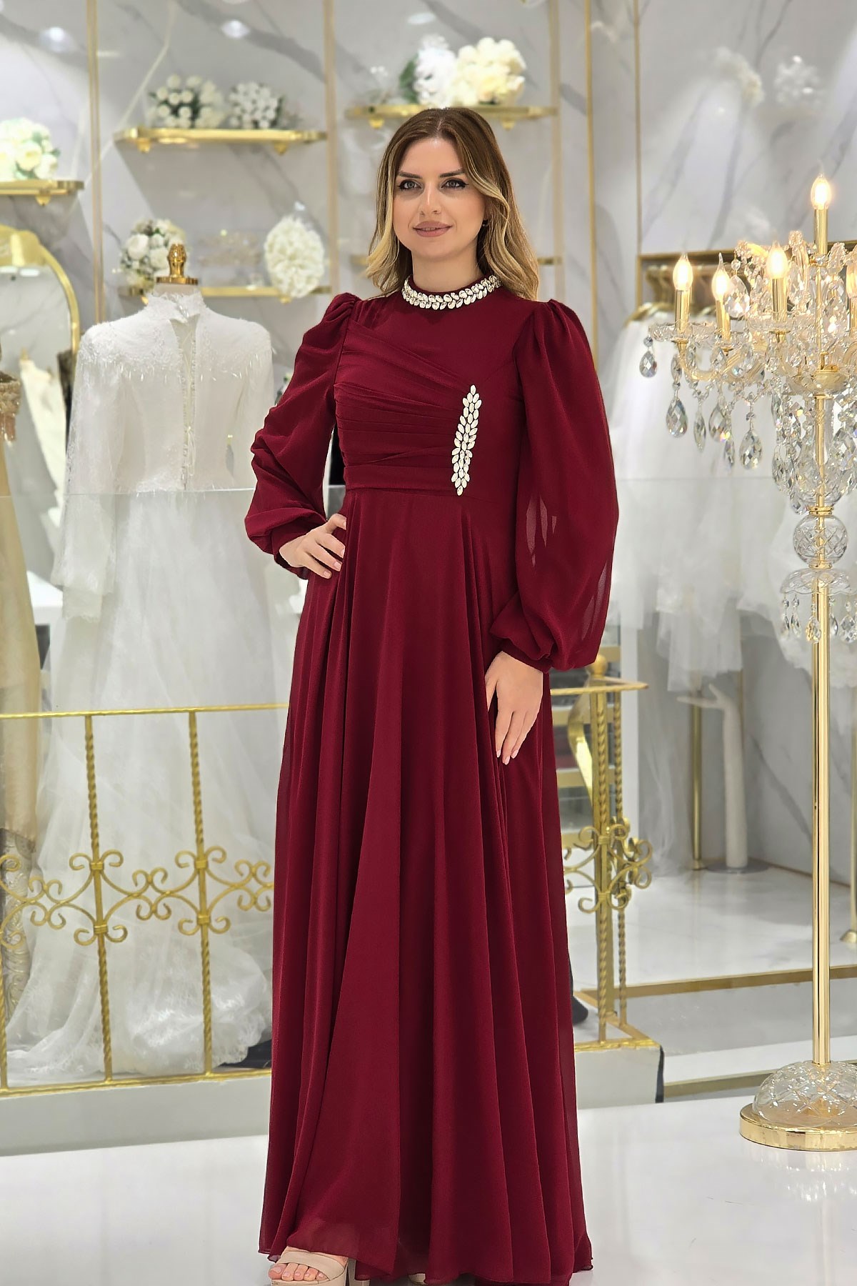 Kırmızı Taşlı Şifon Abiye 4925