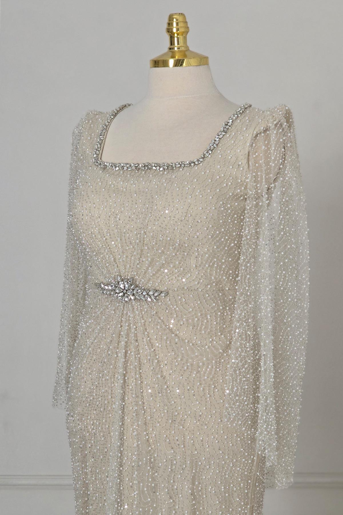 Krem Dantel Abiye Elbise 25507