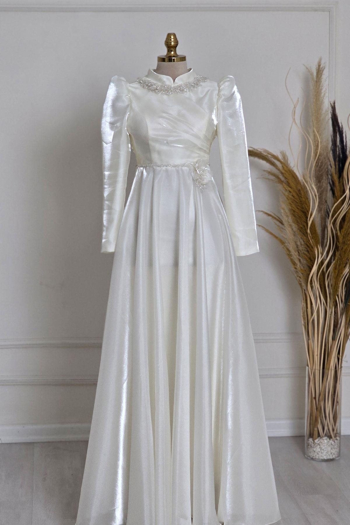 Krem Taşlı Organze Abiye 6485