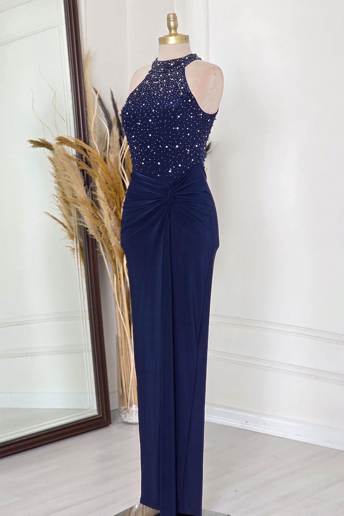 Lacivert Halter Yaka İncili Abiye 5043