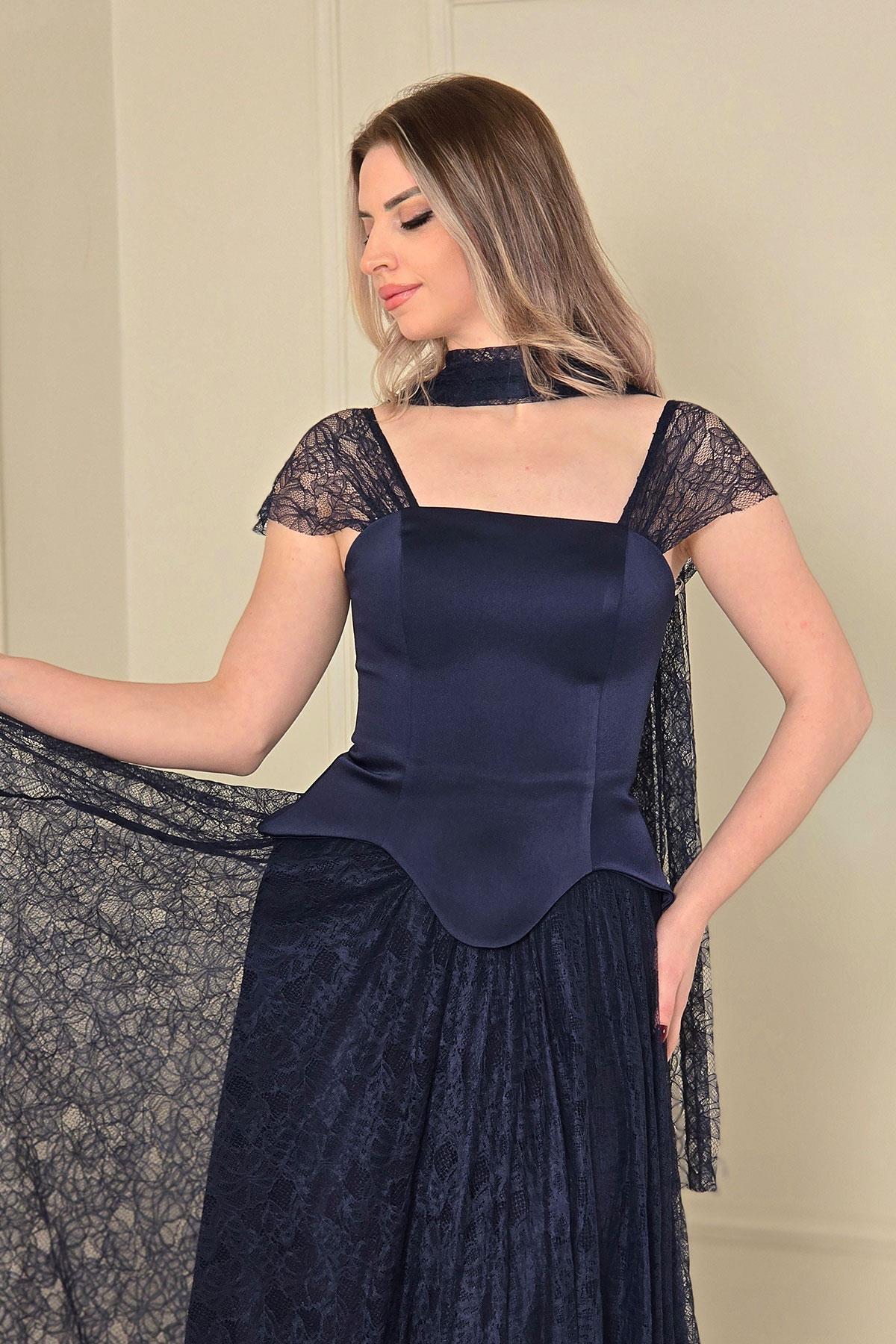 Lacivert Lez Dantel Abiye 9823