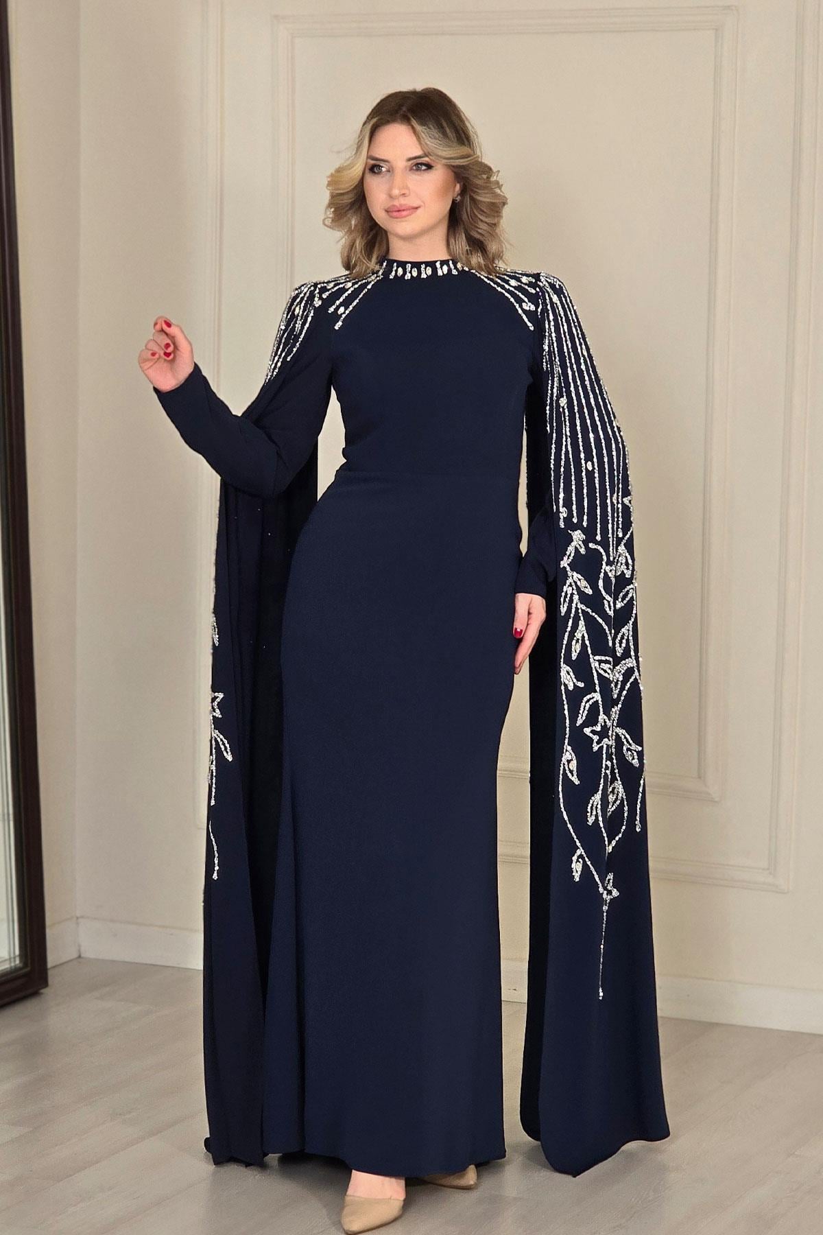 Lacivert Pelerinli Taşlı Abiye 5168