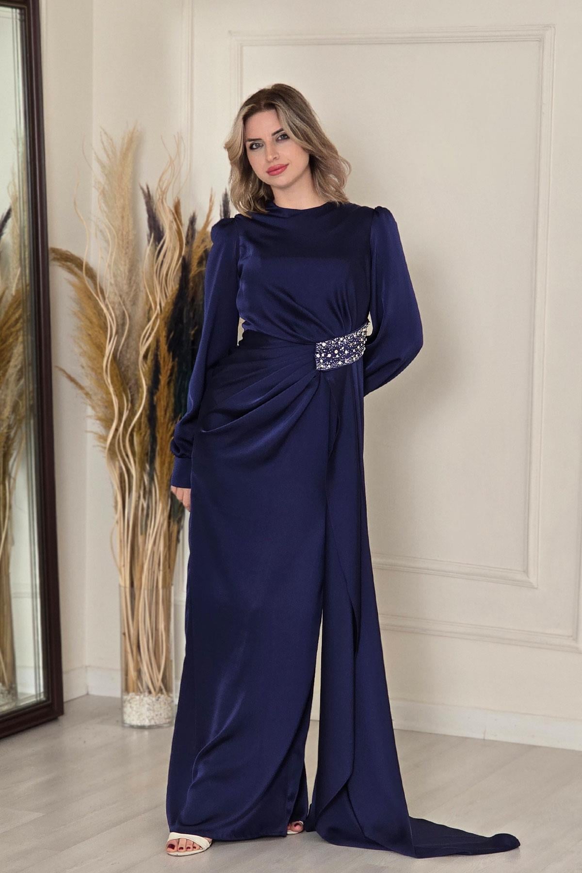 Lacivert Saten Pelerinli Abiye 5332