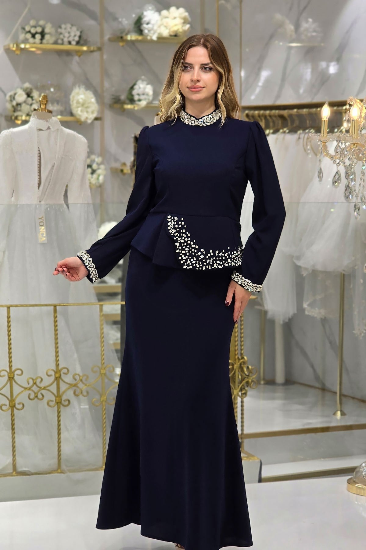 Lacivert Taşlı Abiye 4862