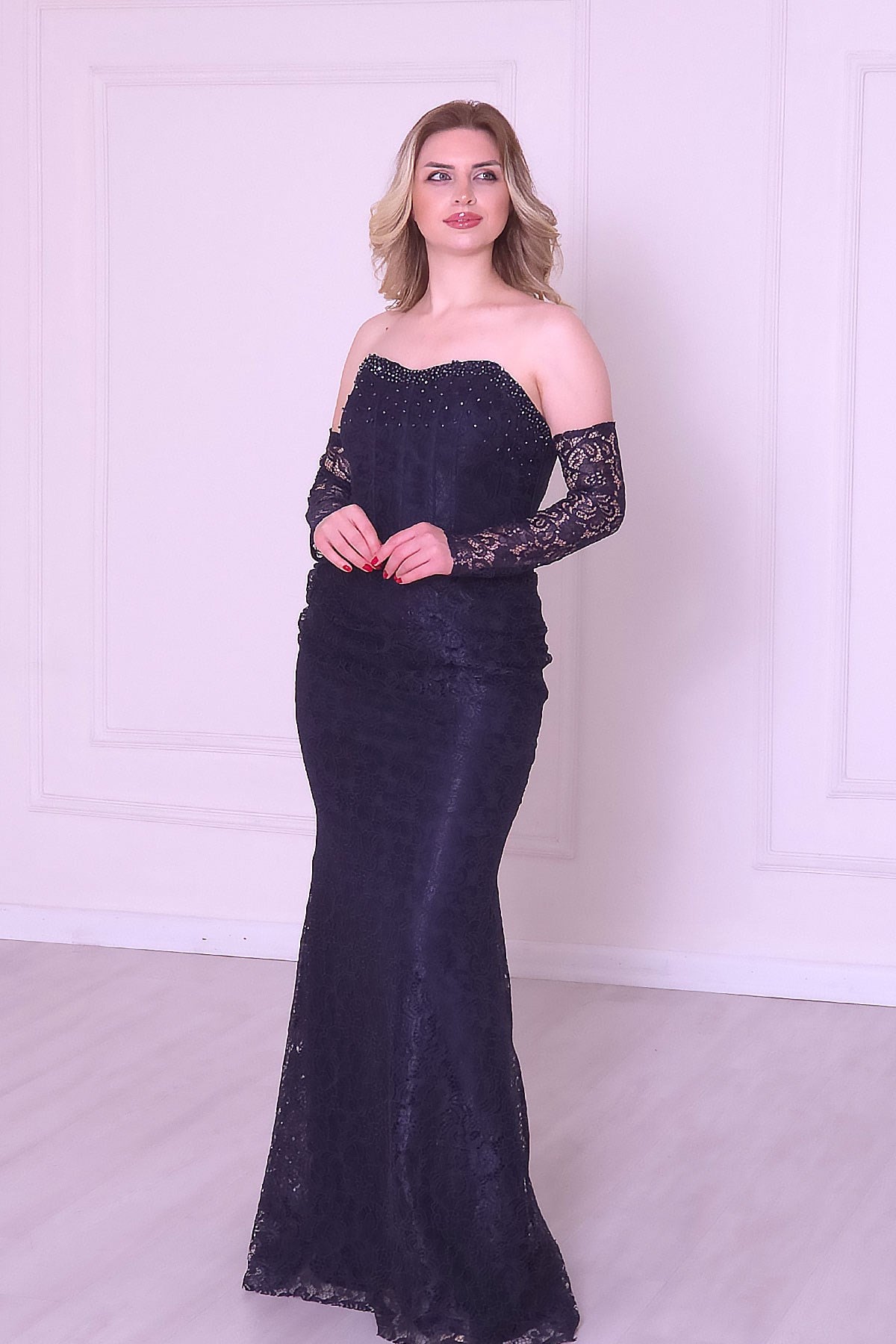 Lacivert Taşlı Dantelli Abiye 1102