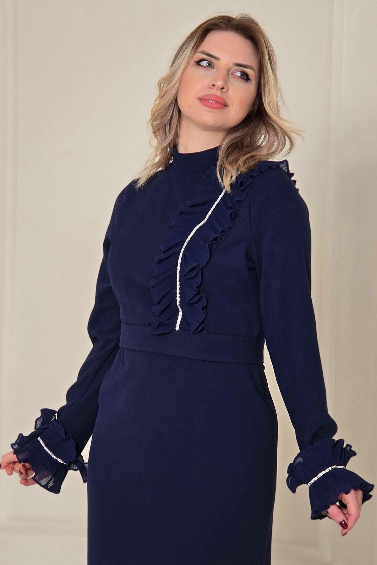 Lacivert Taşlı Krep Elbise 4633