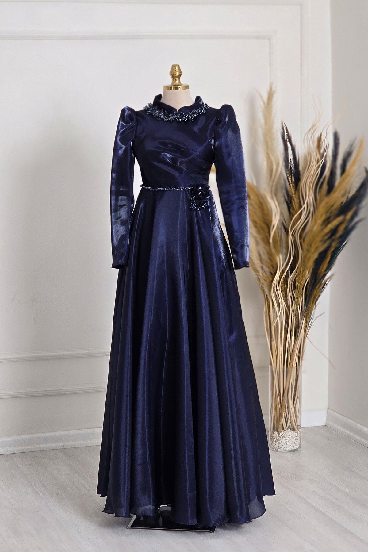Lacivert Taşlı Organze Abiye 6485