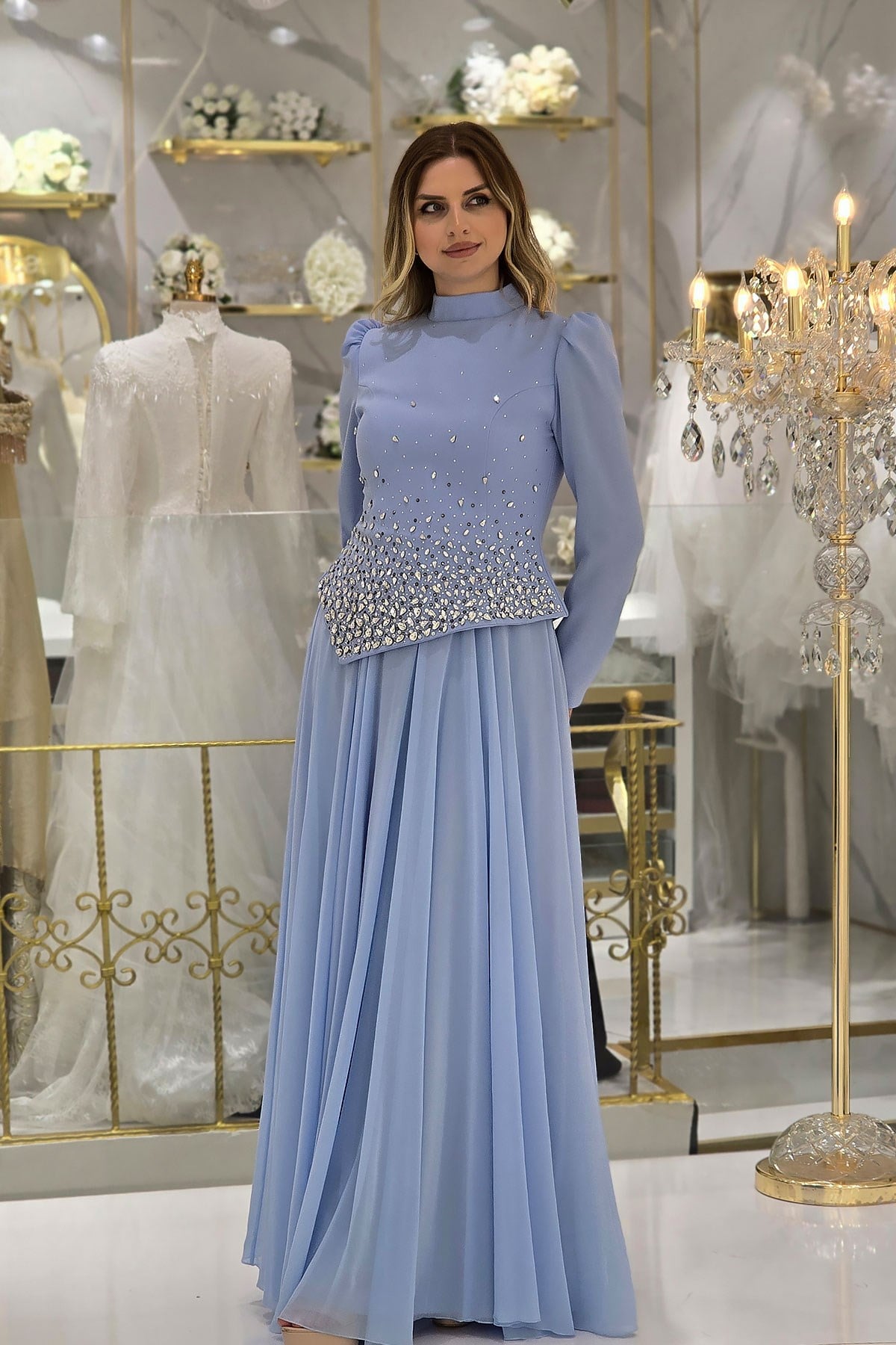 Mavi Taşlı Krep Abiye 4498