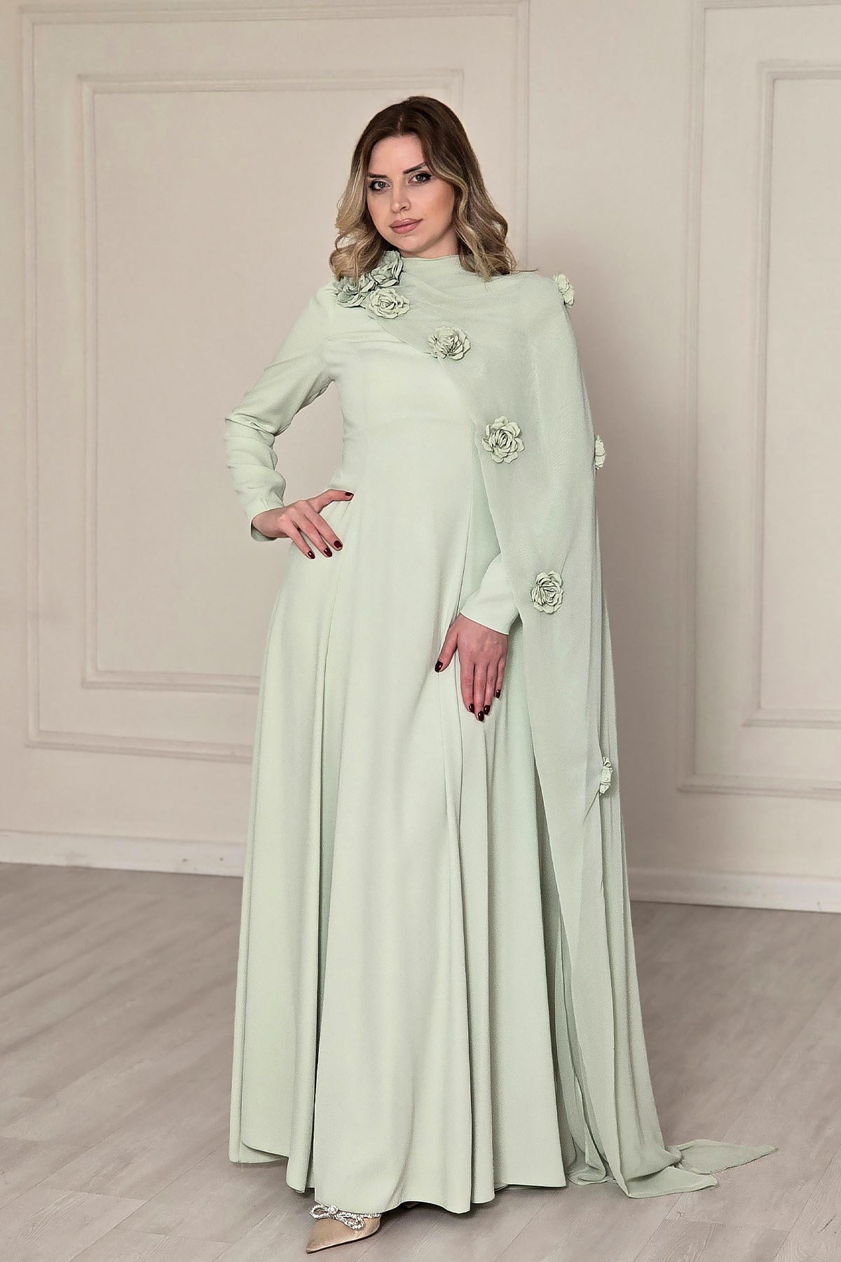 Mint Çiçekli Pelerinli Abiye 4562