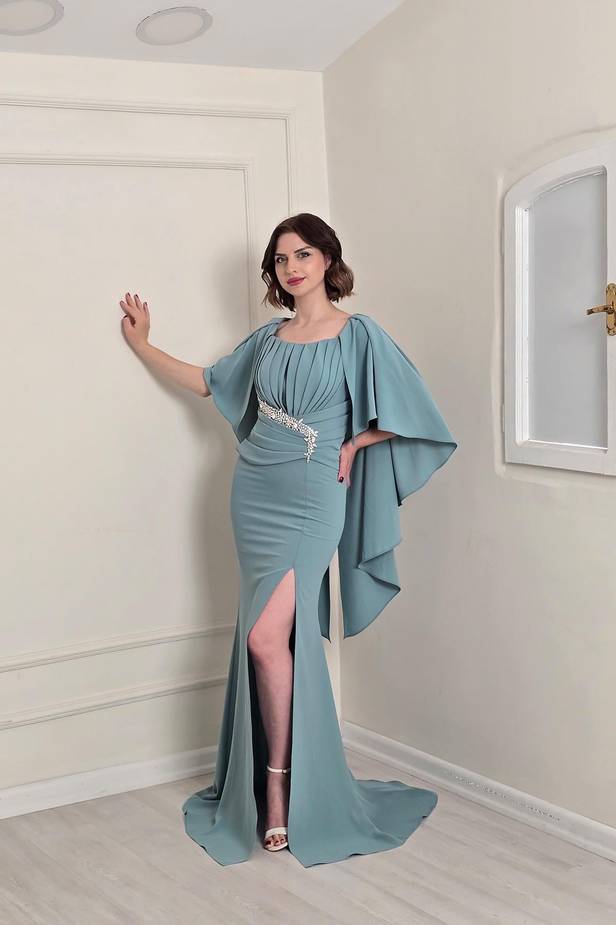 Mint Pelerinli Krep Elbise 5515