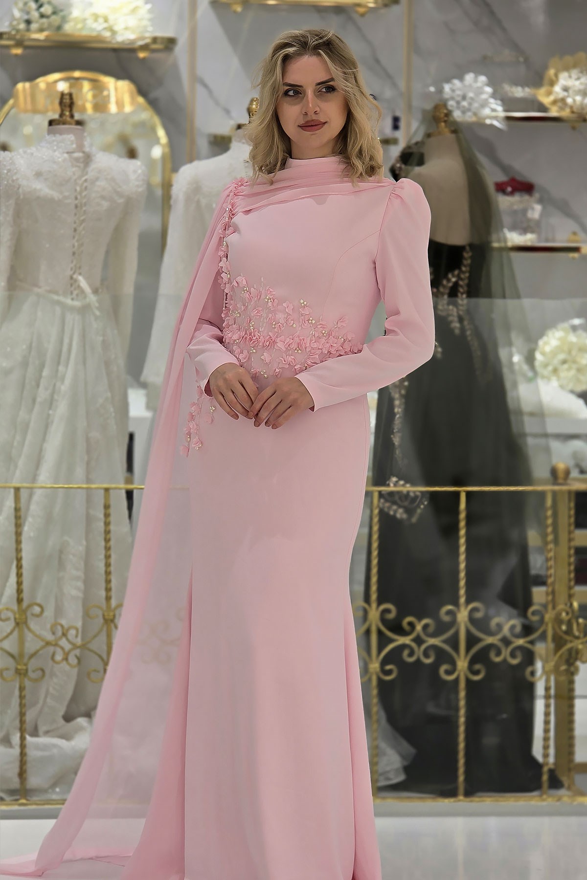 Pembe İnci Detaylı Tesettür Abiye 4614