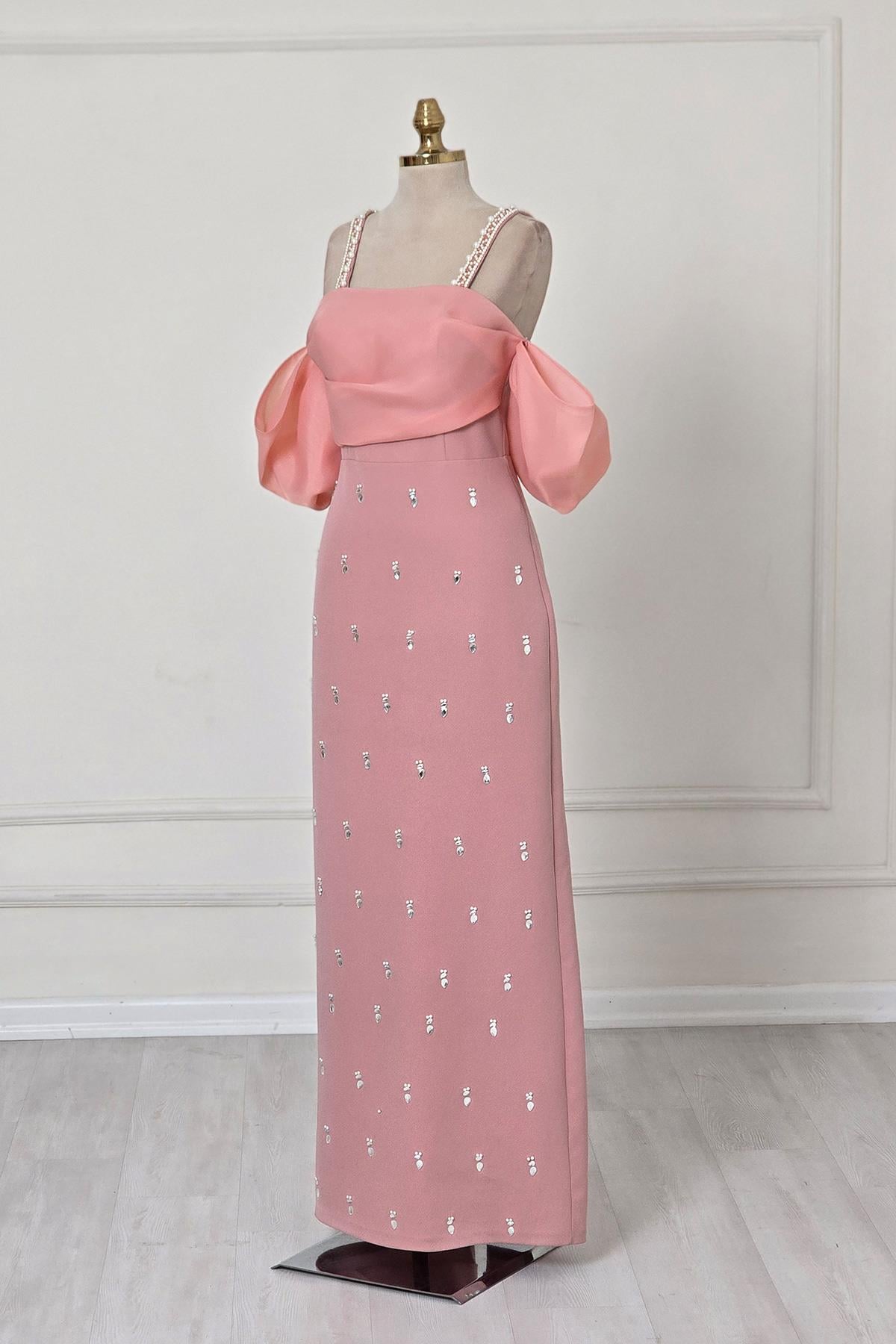 Pembe İNCİLİ KREP ELBİSE 6055