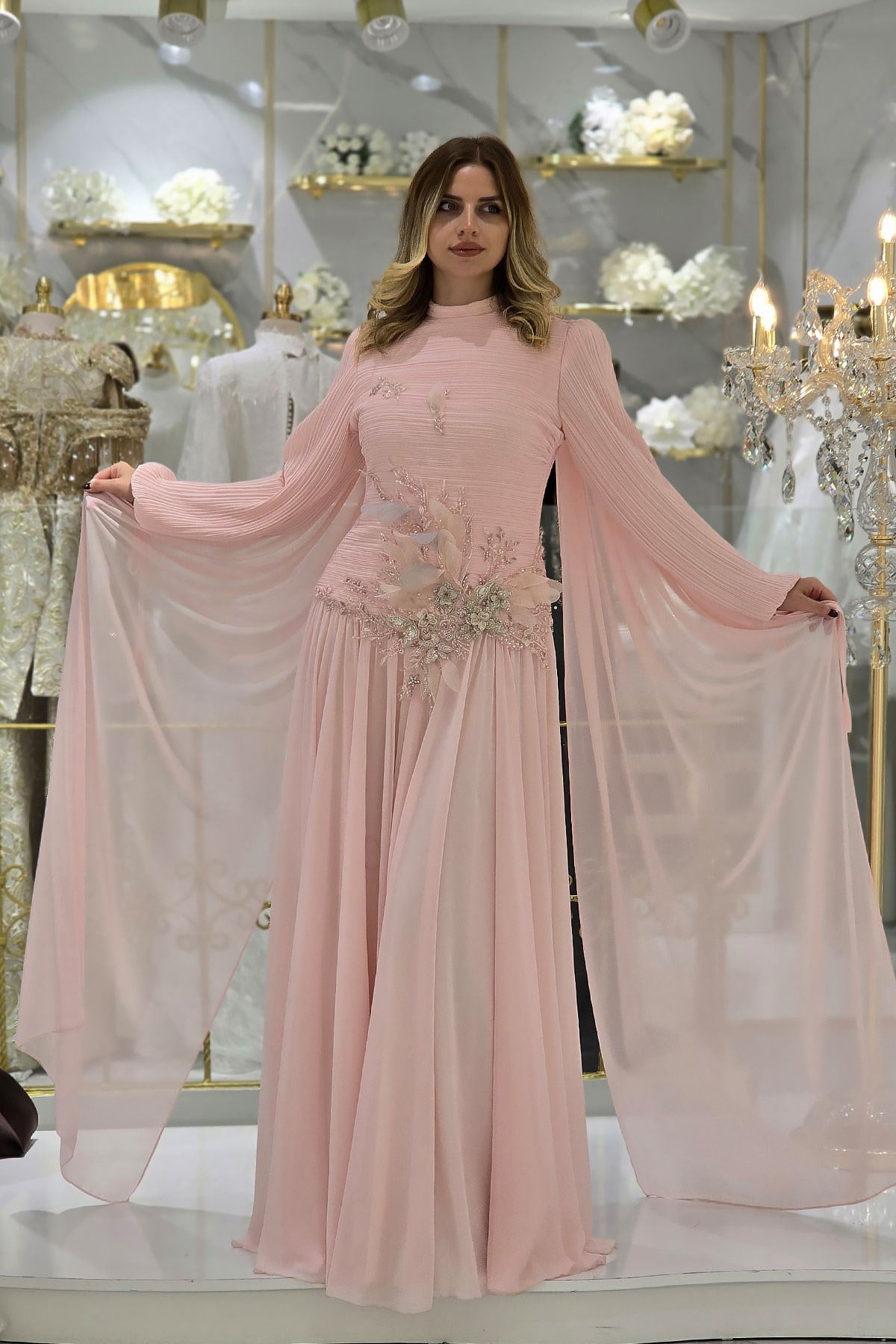 Pembe İşlemeli Şifon Abiye 4606
