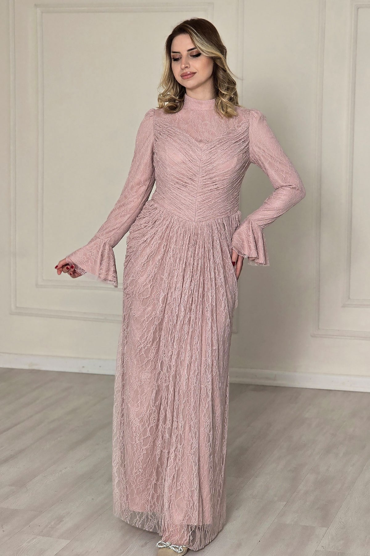 Pembe İspanyol Kol Dantel Elbise 5656