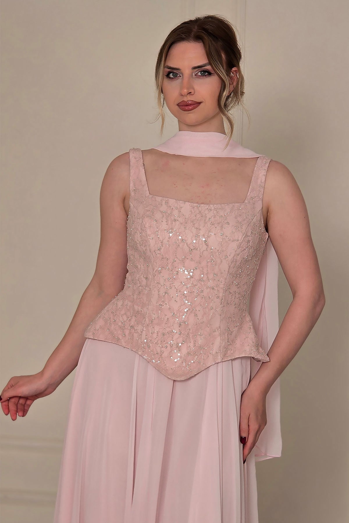 Pembe Şifon Dantelli Abiye 2752