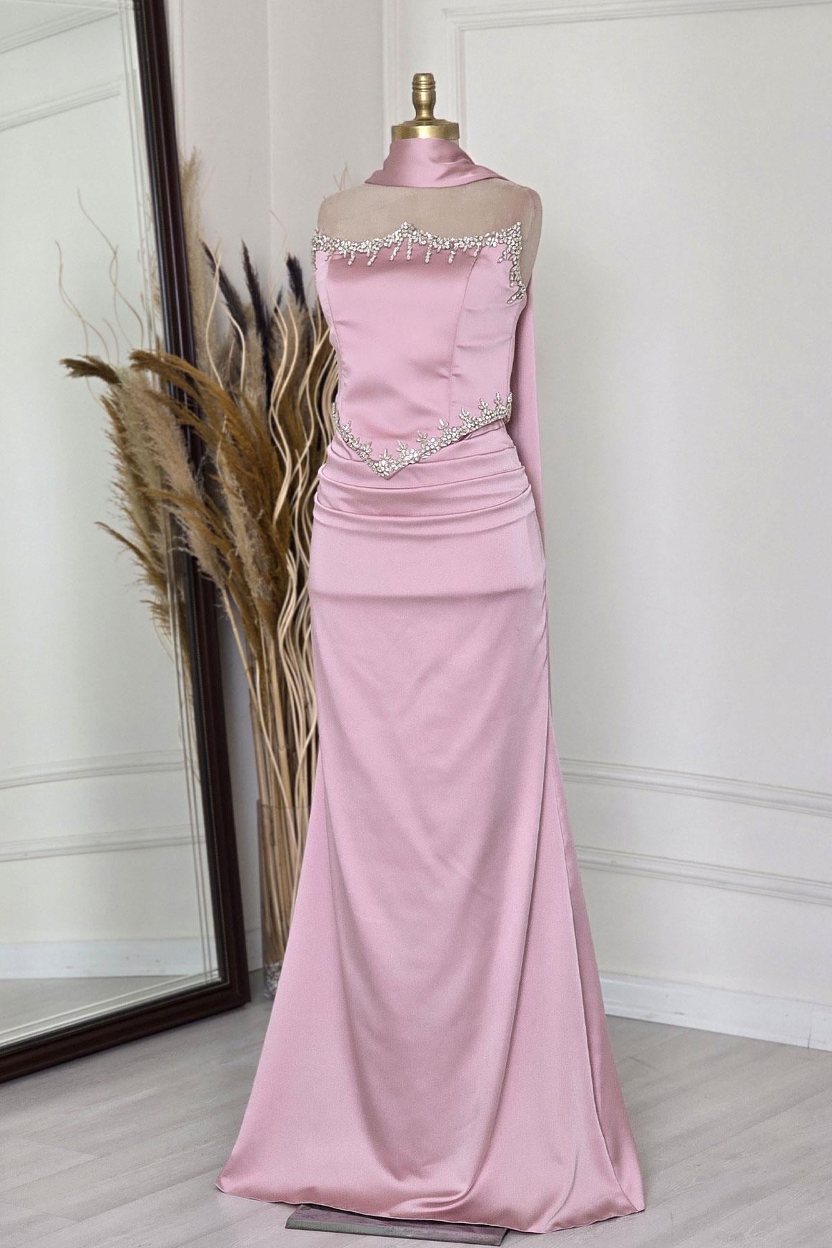 Pembe Taşlı Korseli Abiye 6135