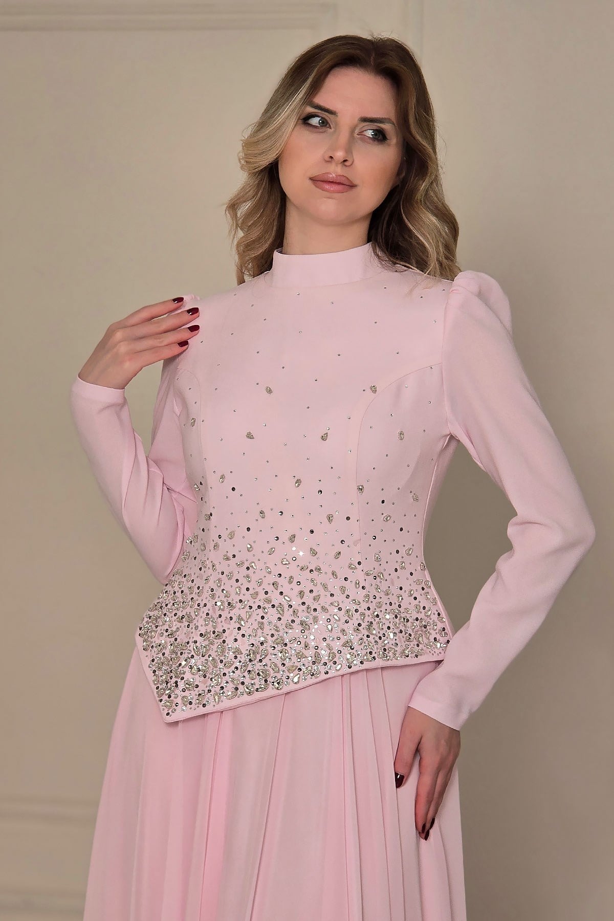 Pembe Taşlı Krep Abiye 4498
