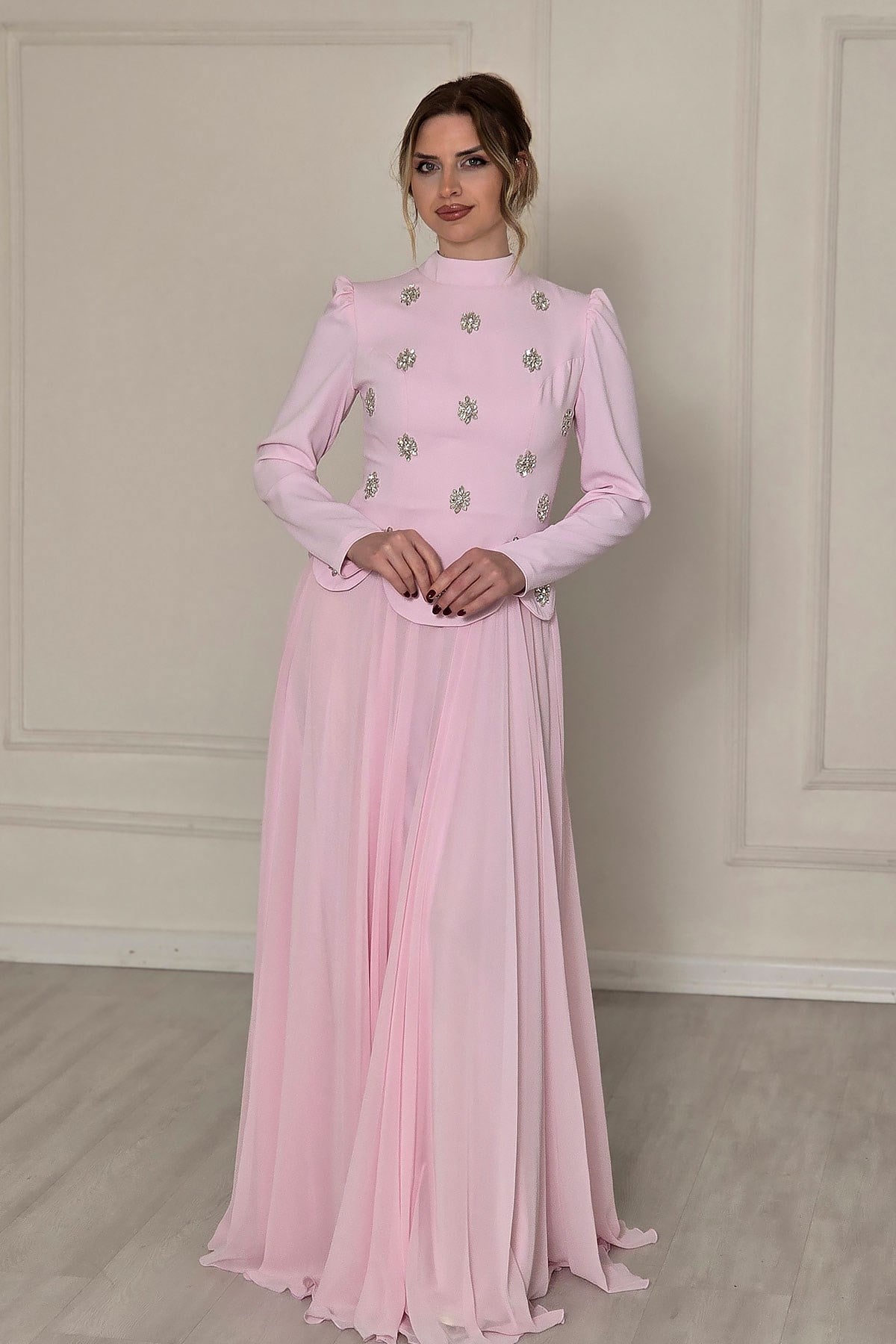 Pembe Taşlı Krep Tesettür Abiye 4561