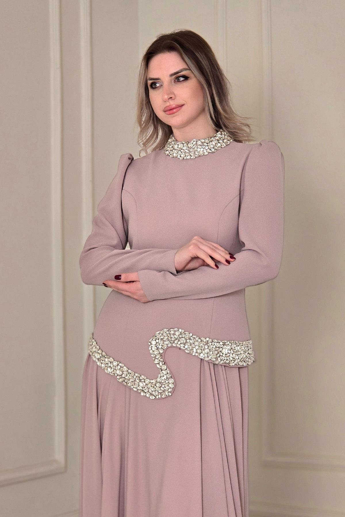 Pudra Şifon Etekli Abiye Elbise 4437