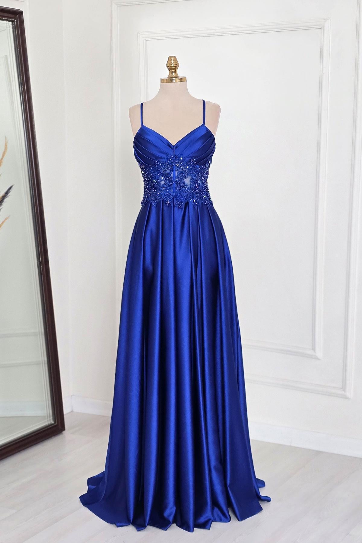 Saks Mavi Saten Aplikli İnce Askılı Yırtmaçlı Abiye 6077