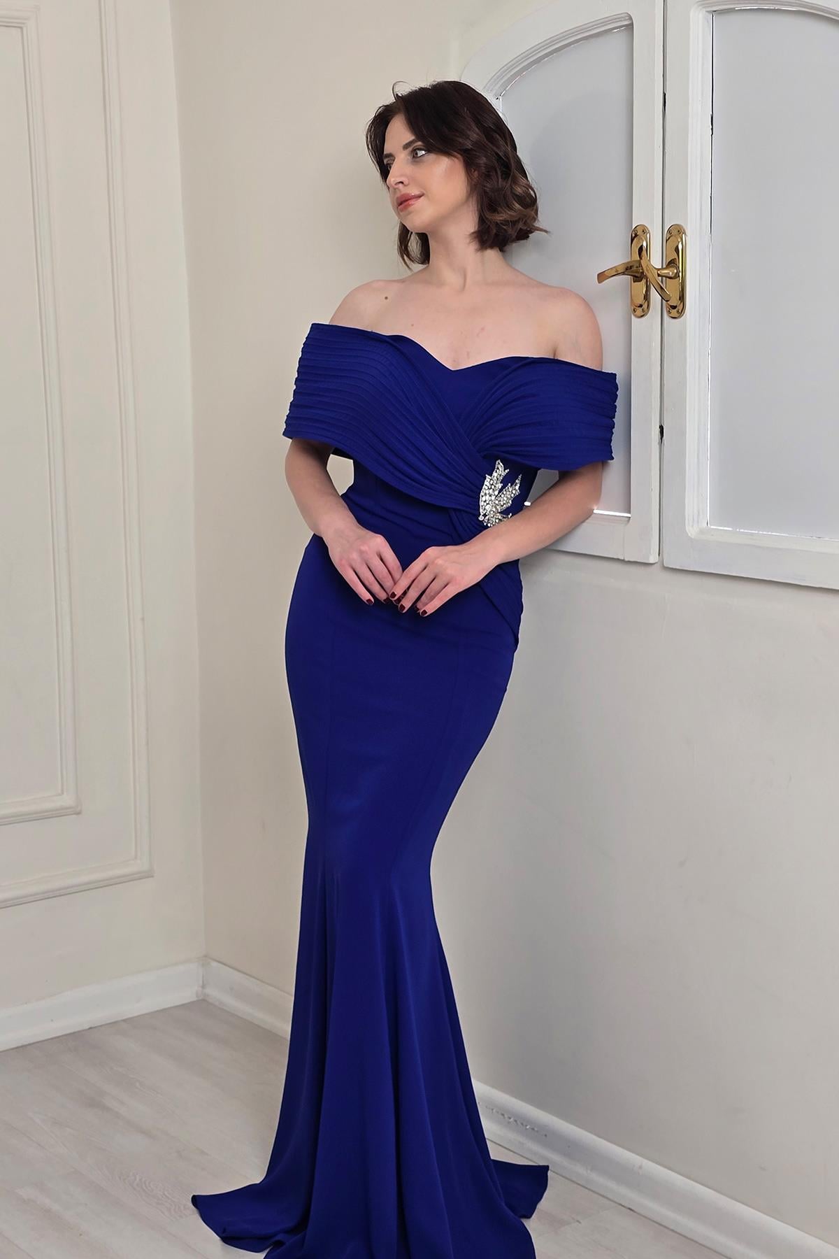 Saks Mavi Yaka Detaylı Abiye 5415