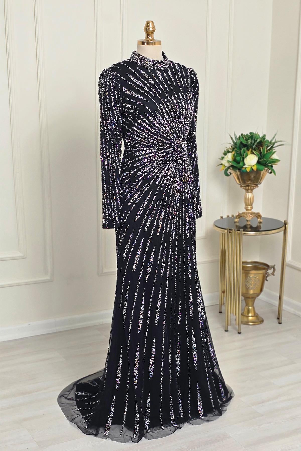 Siyah Full İşlemeli B.Beden Abiye 7090-1