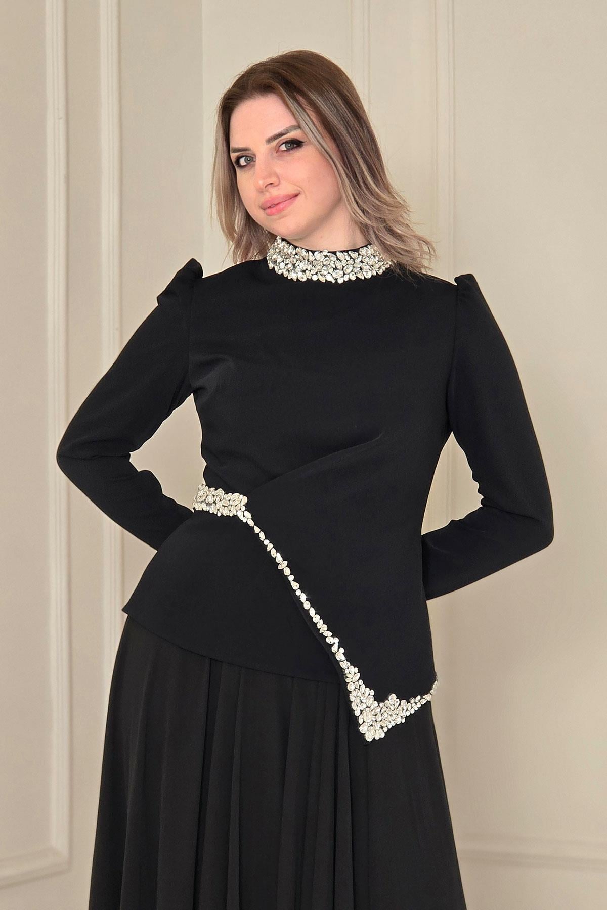 Siyah Krep Elbise 4502