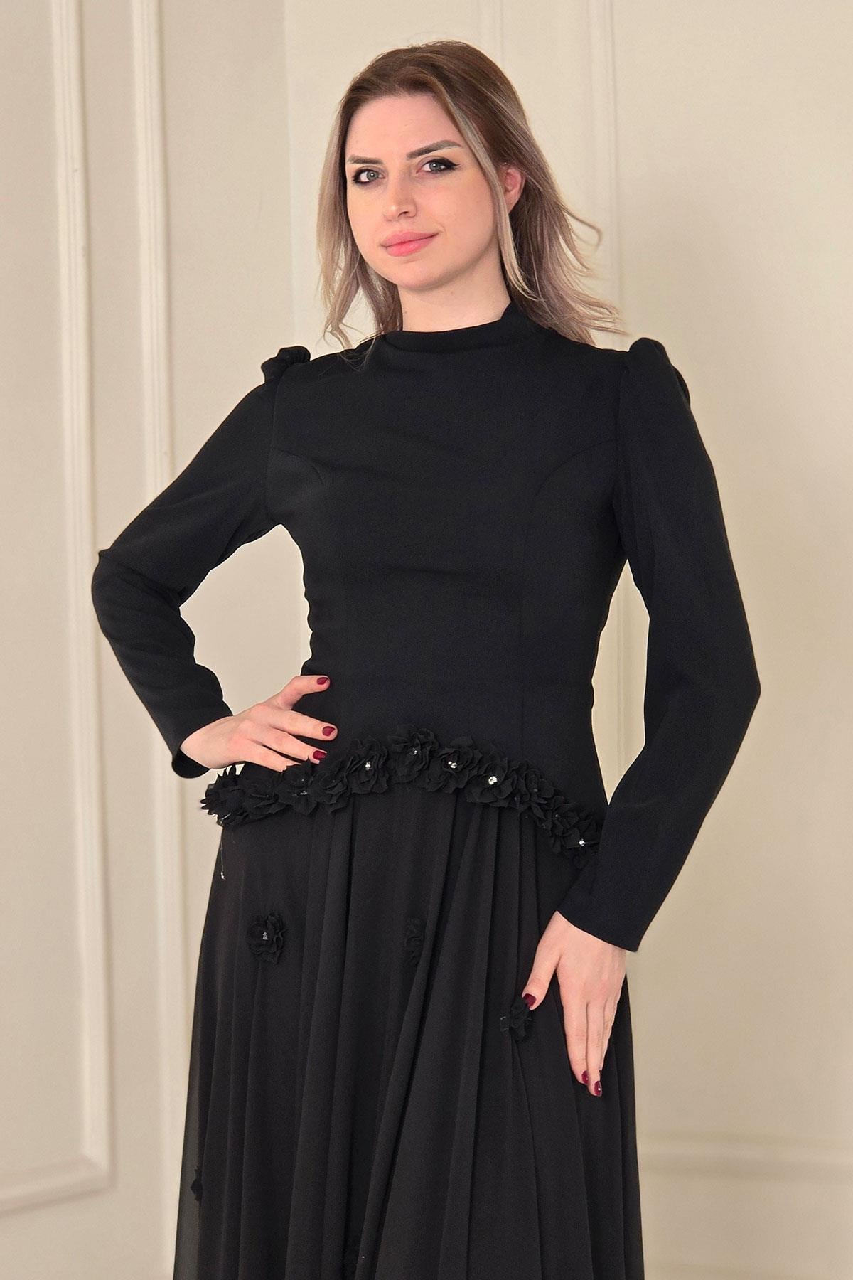 Siyah Krep Elbise 4527