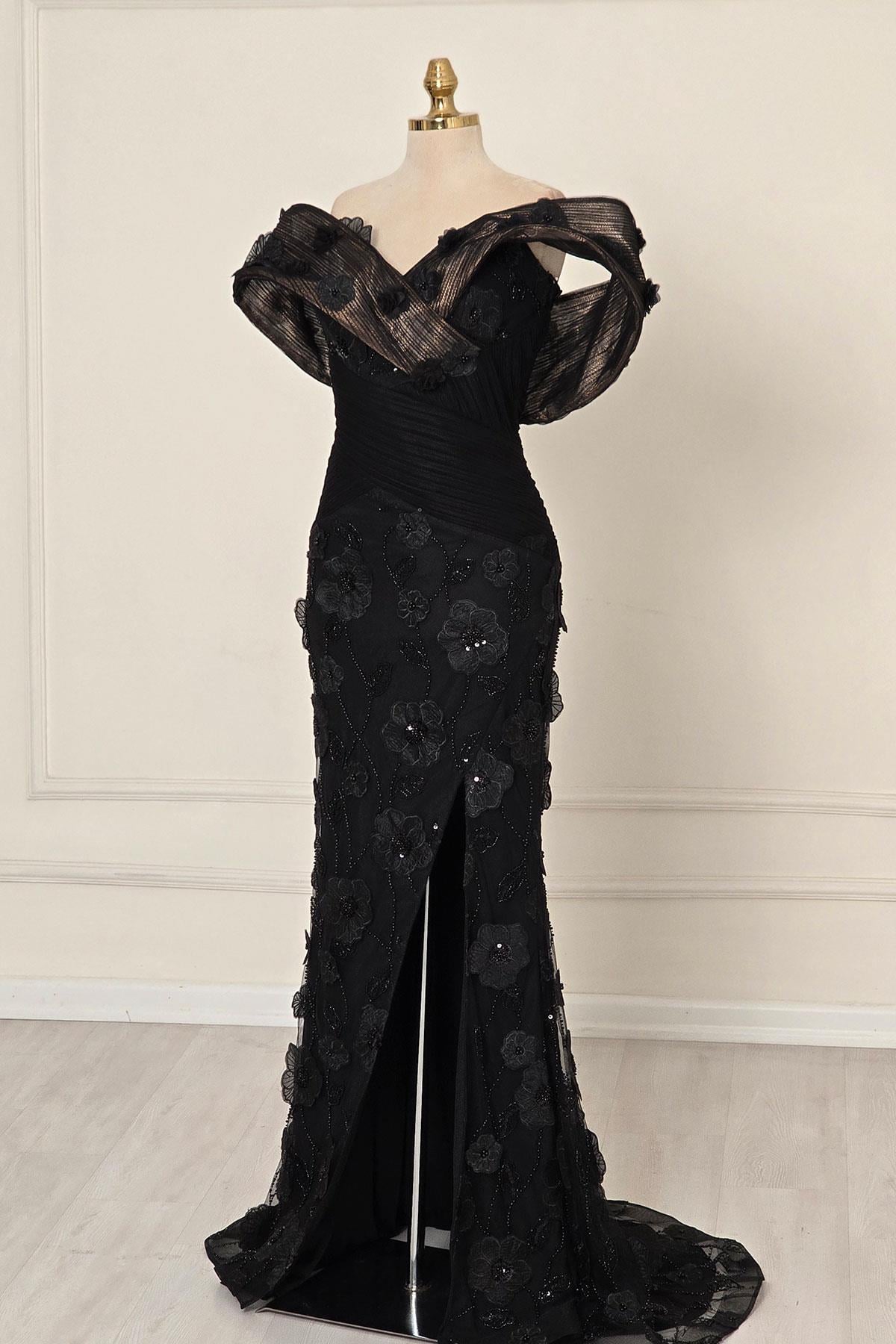 Siyah Madonna Yaka Tasarım Abiye 6055